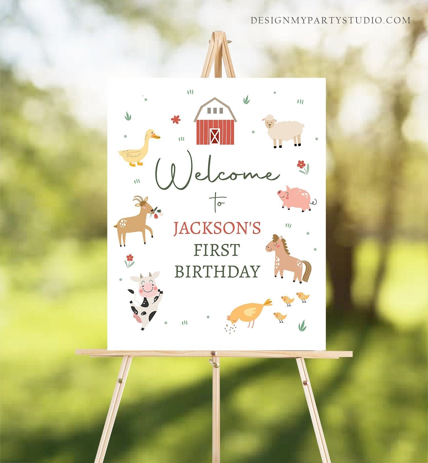 Editable Farm Birthday Welcome Sign Barnyard Birthday Welcome Sign Farm Animals Birthday Sign Boy Red Modern Template Corjl PRINTABLE 0436