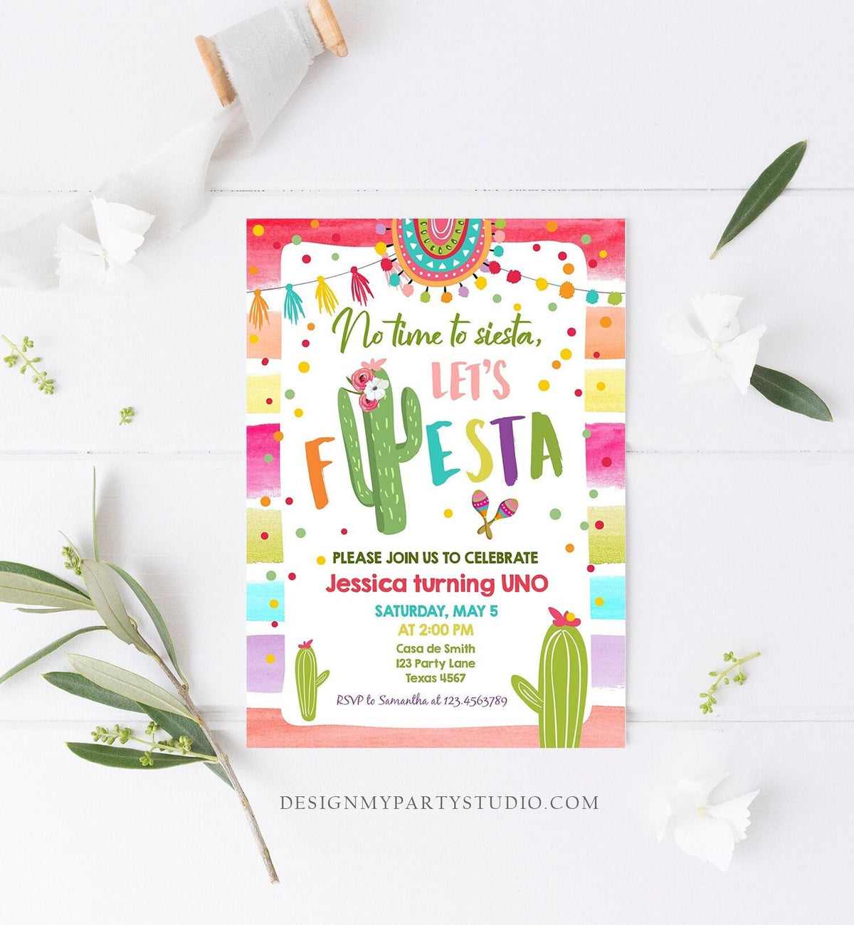 Editable Let&amp;#39;s Fiesta Birthday Invitation Cactus Succulent First Birthday Party Girl 1st Mexican Uno Download Corjl Template Printable 0134