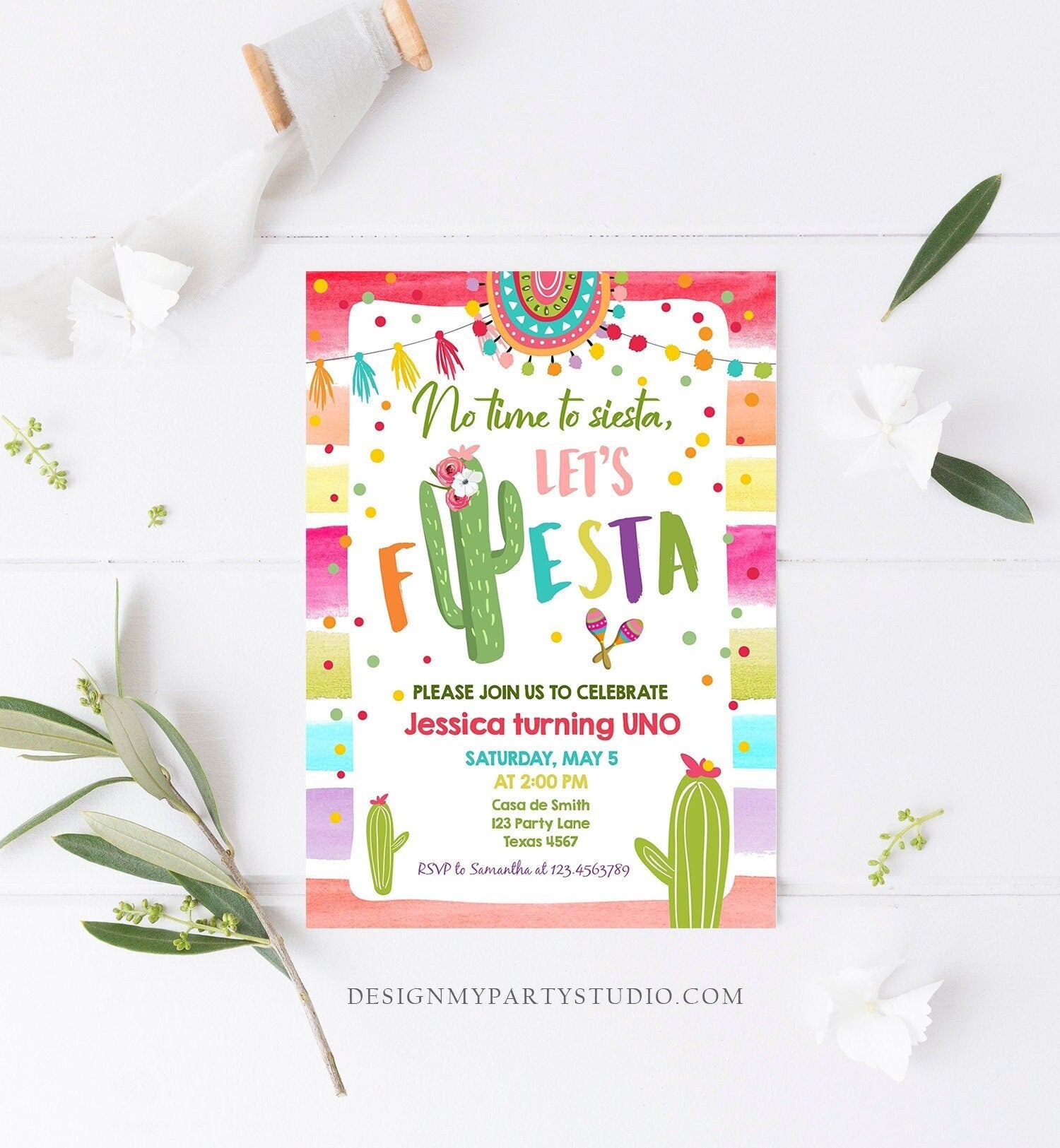 Editable Let&#39;s Fiesta Birthday Invitation Cactus Succulent First Birthday Party Girl 1st Mexican Uno Download Corjl Template Printable 0134