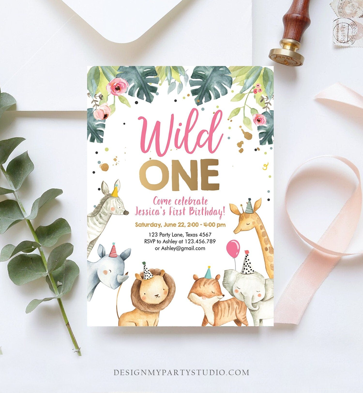 Editable Wild One Birthday Invitation Girl Safari Animals Invite Pink and Gold Party Animals Digital Download Corjl Template Printable 0163