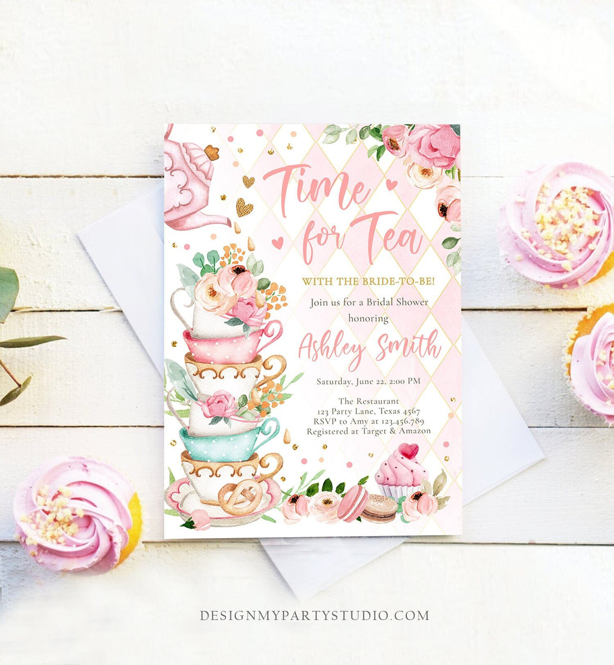 Editable Time For Tea Bridal Shower Invitation Tea Party Wedding Shower Floral Pink Gold Blush Love is Brewing Corjl Template Printable 0349