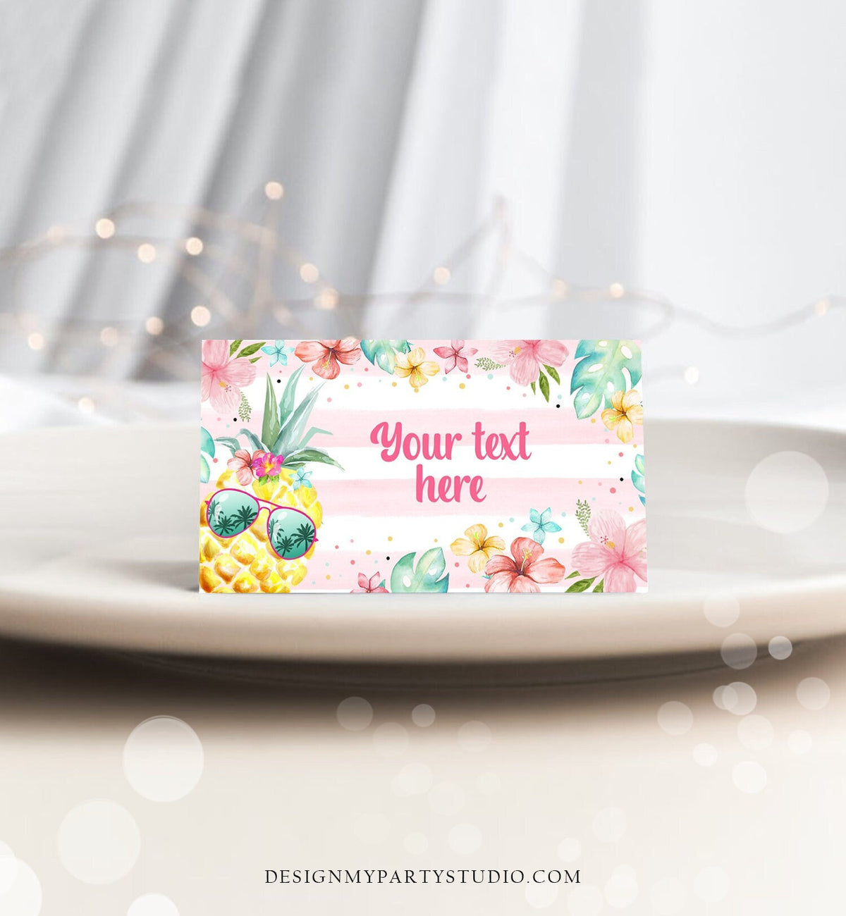 Editable Pineapple Food Labels Luau Birthday Party Food Cards Tent Card Girl Pink Tropical Name Card Pool Party Hawaiian Template Corjl 0391