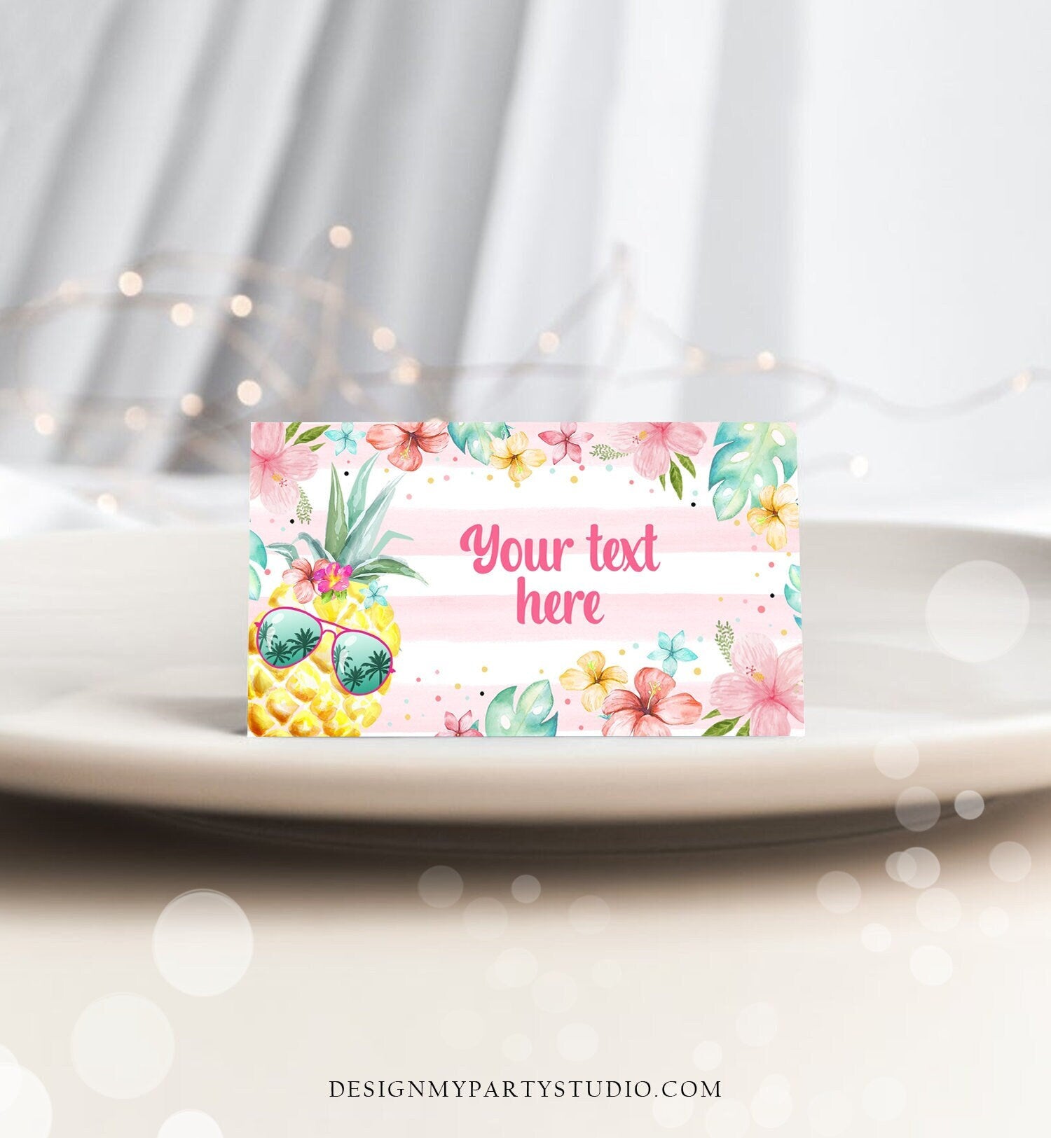 Editable Pineapple Food Labels Luau Birthday Party Food Cards Tent Card Girl Pink Tropical Name Card Pool Party Hawaiian Template Corjl 0391