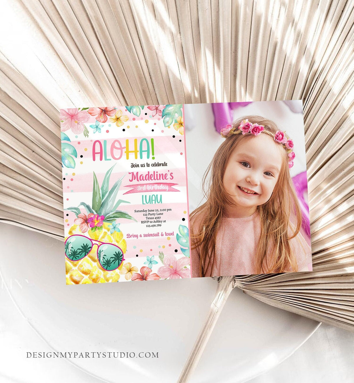 Editable Hawaiian Luau Birthday Invitation Pineapple Birthday Party Pool Party Pineapple Pink Girl Download Corjl Template Printable 0391