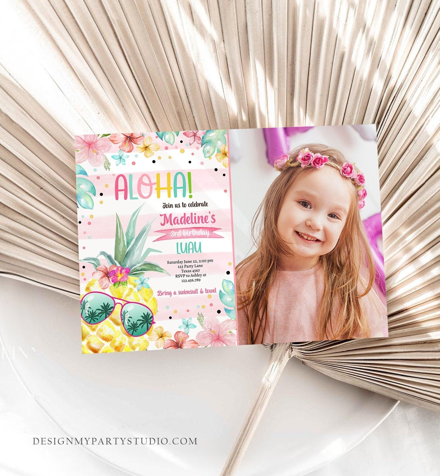 Editable Hawaiian Luau Birthday Invitation Pineapple Birthday Party Pool Party Pineapple Pink Girl Download Corjl Template Printable 0391