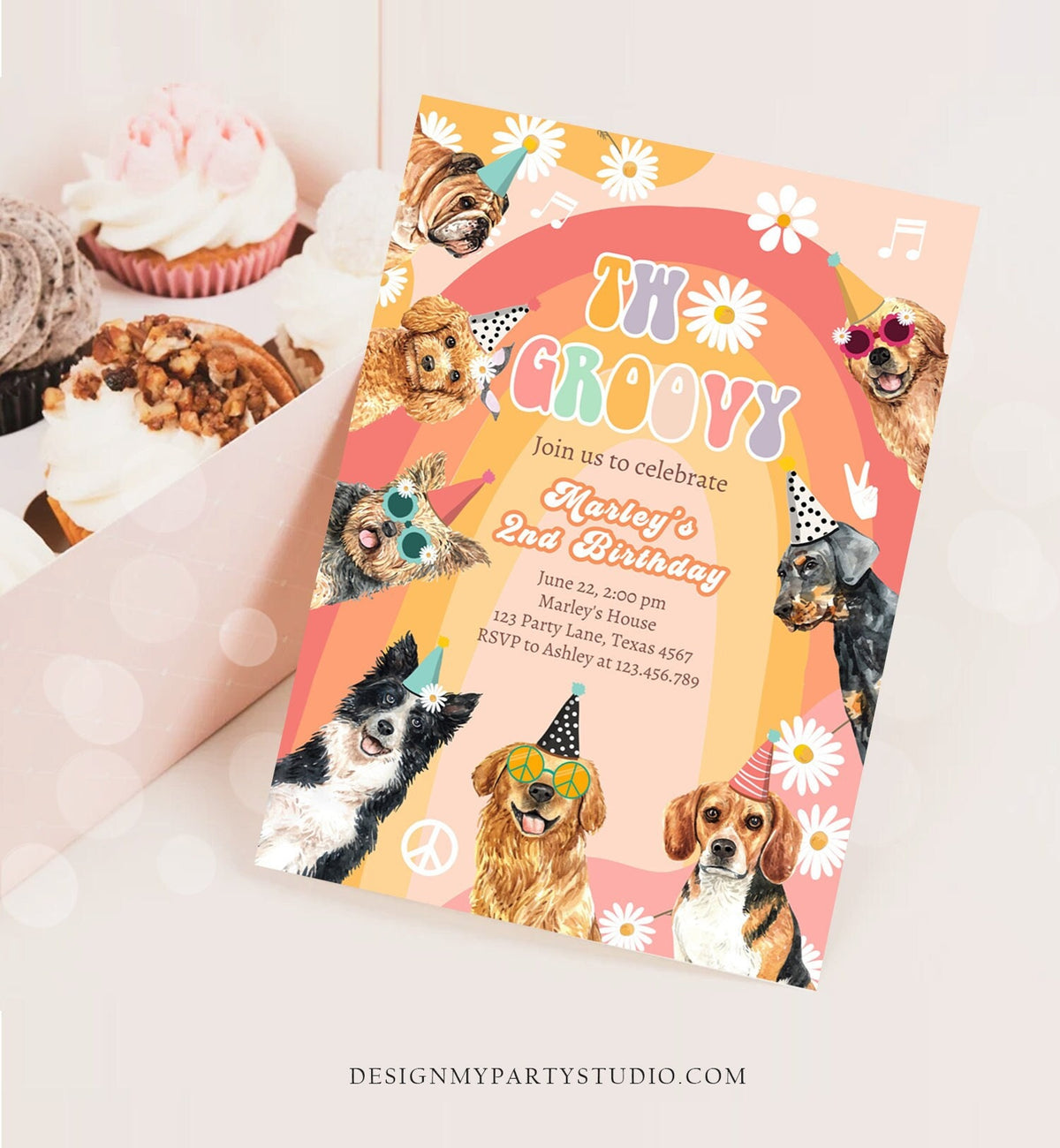 Editable Two Groovy Dog Birthday Party Invitation Retro Puppy 2nd Birthday Invite Girl Doggy Pawty Download Printable Template Corjl 0463