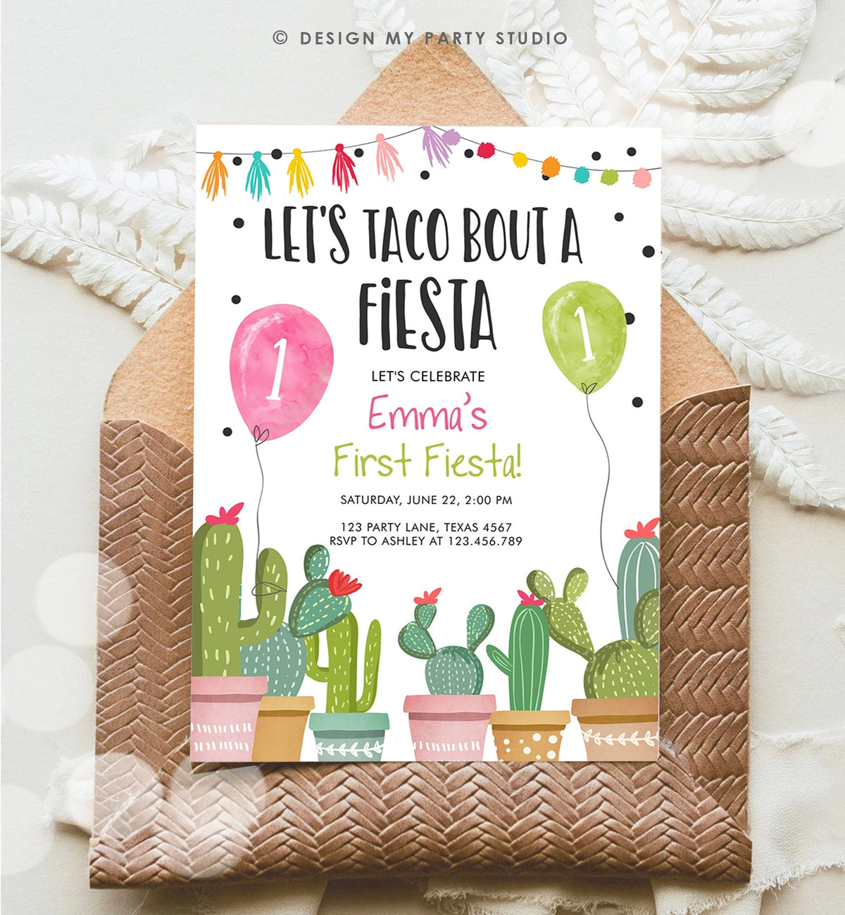 Editable Taco Bout a Fiesta Birthday Invitation ANY AGE Cactus Succulent 1st First Birthday Party Mexican Girl Pink Corjl Template 0254