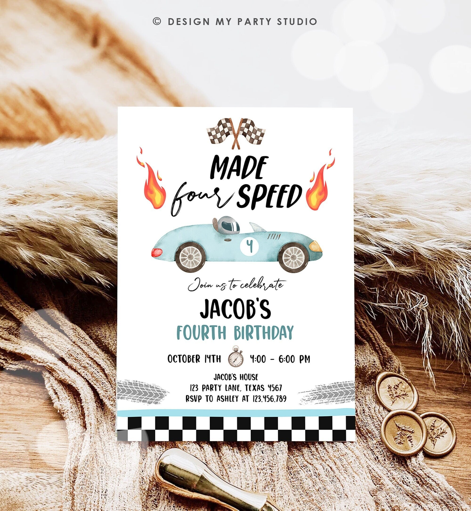 Editable Made Four Speed Race Car Fourth Birthday Invitation Boy Blue 4th Birthday Racing Party Made 4 Speed Corjl Template Printable 0424