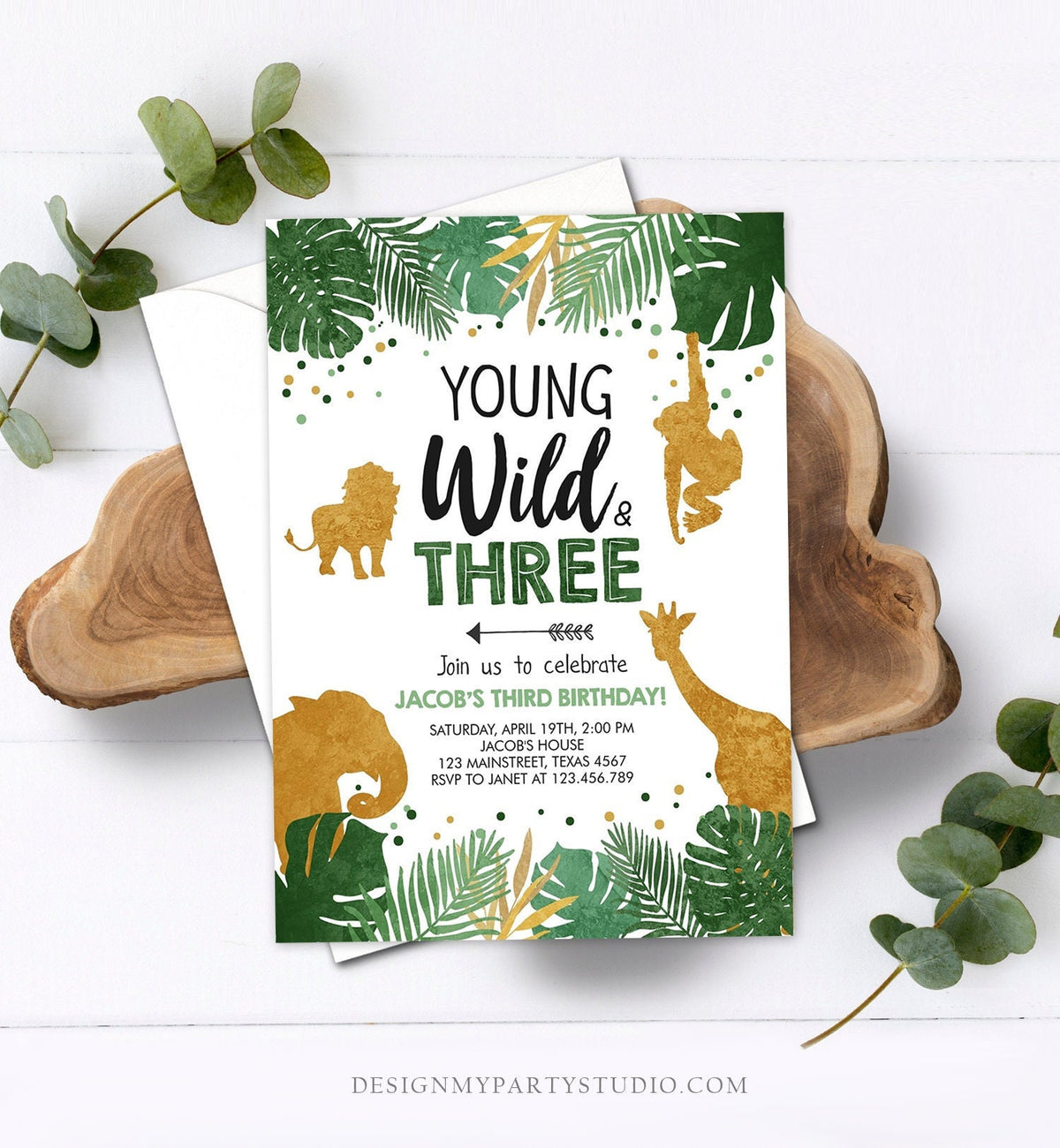 Editable Young Wild and Three Birthday Invitation Safari Animals Party Animals Boy Third Birthday 3rd Download Printable Corjl Template 0016