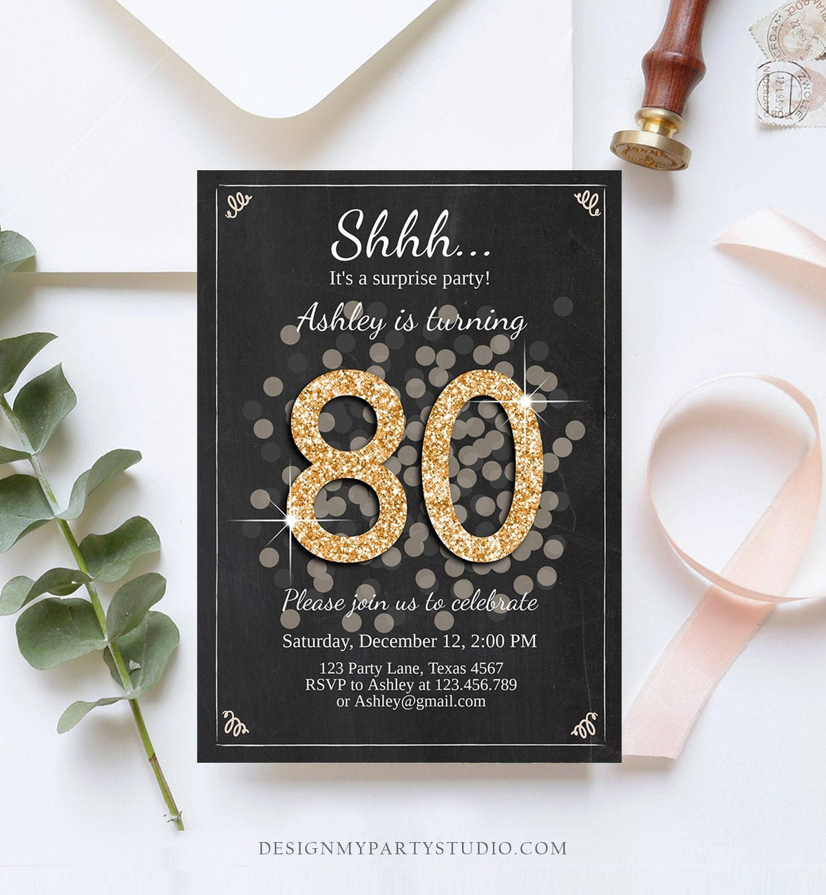 Editable ANY AGE Surprise Birthday Invitation Adult 80th Party Rustic Chalk Black Gold Glitter Photo Download Printable Corjl Template 0103