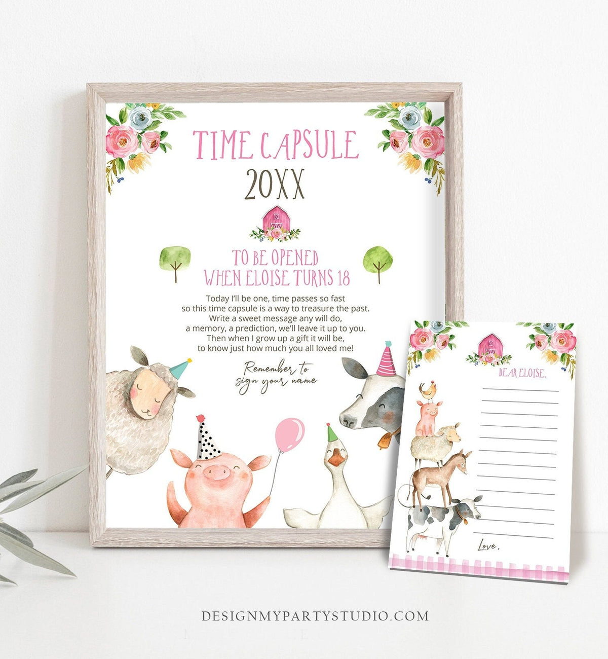 Editable Farm Animals Birthday Time Capsule First Birthday Party Animals Barnyard Girl Birthday Pink Download Corjl Template Printable 0155