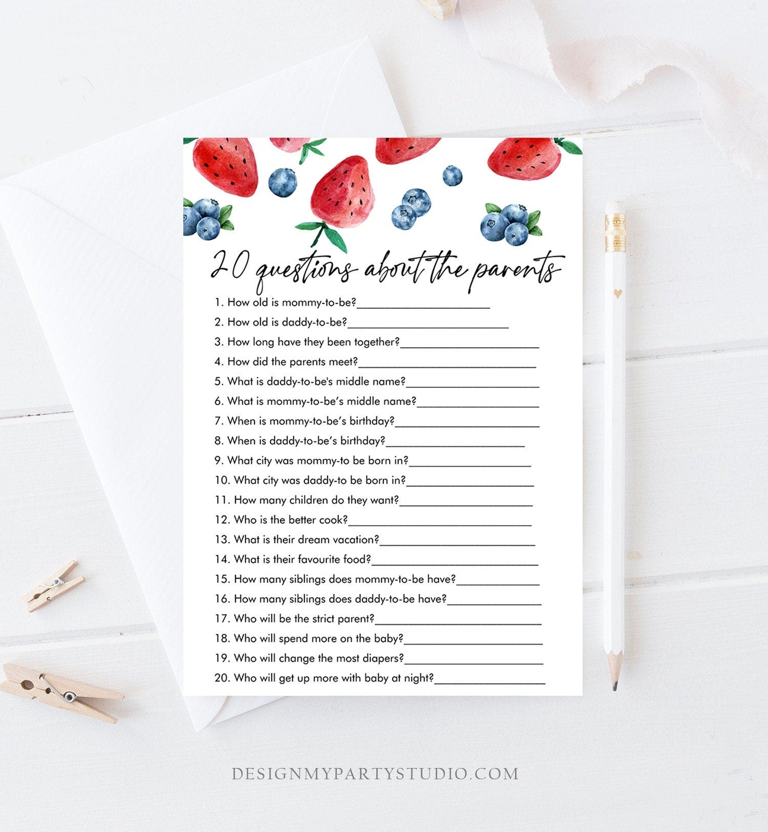 Editable 20 Questions about the Parents Baby Shower Game Strawberry Blueberry Baby Shower Berry Sweet Download Corjl Template Printable 0399