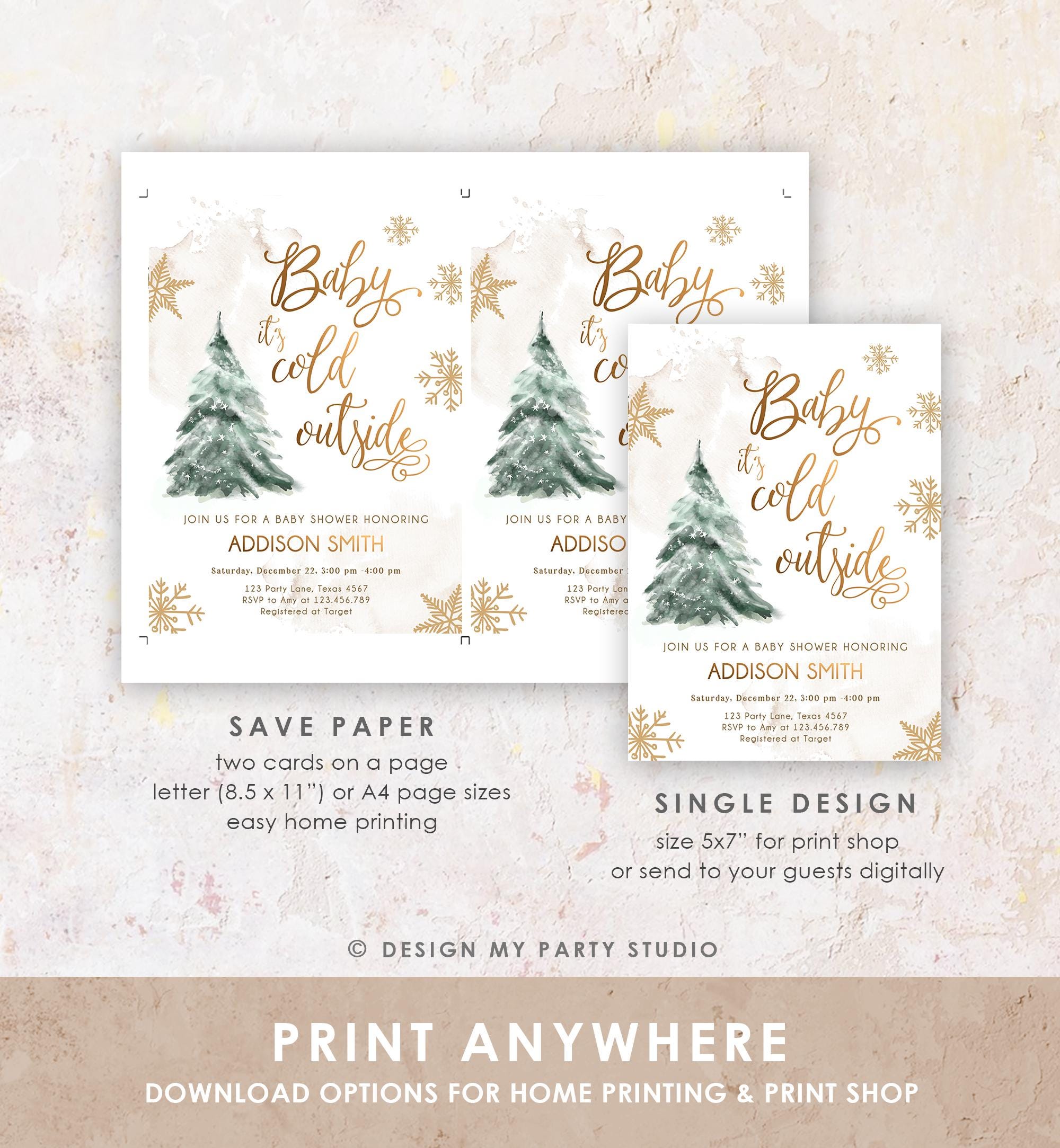 Editable Baby Its Cold Outside Baby Shower Invitation Winter Couples Gender Neutral Snow Watercolor Tree Digital Template Printable 0363