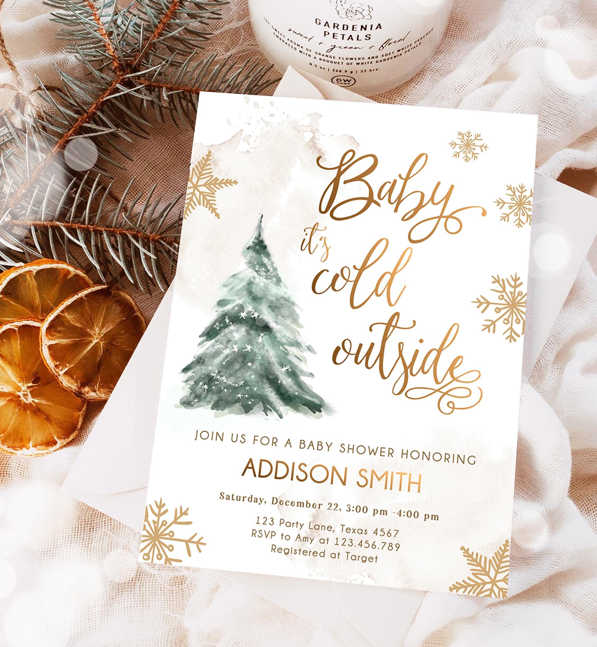 Editable Baby Its Cold Outside Baby Shower Invitation Winter Couples Gender Neutral Snow Watercolor Tree Digital Template Printable 0363