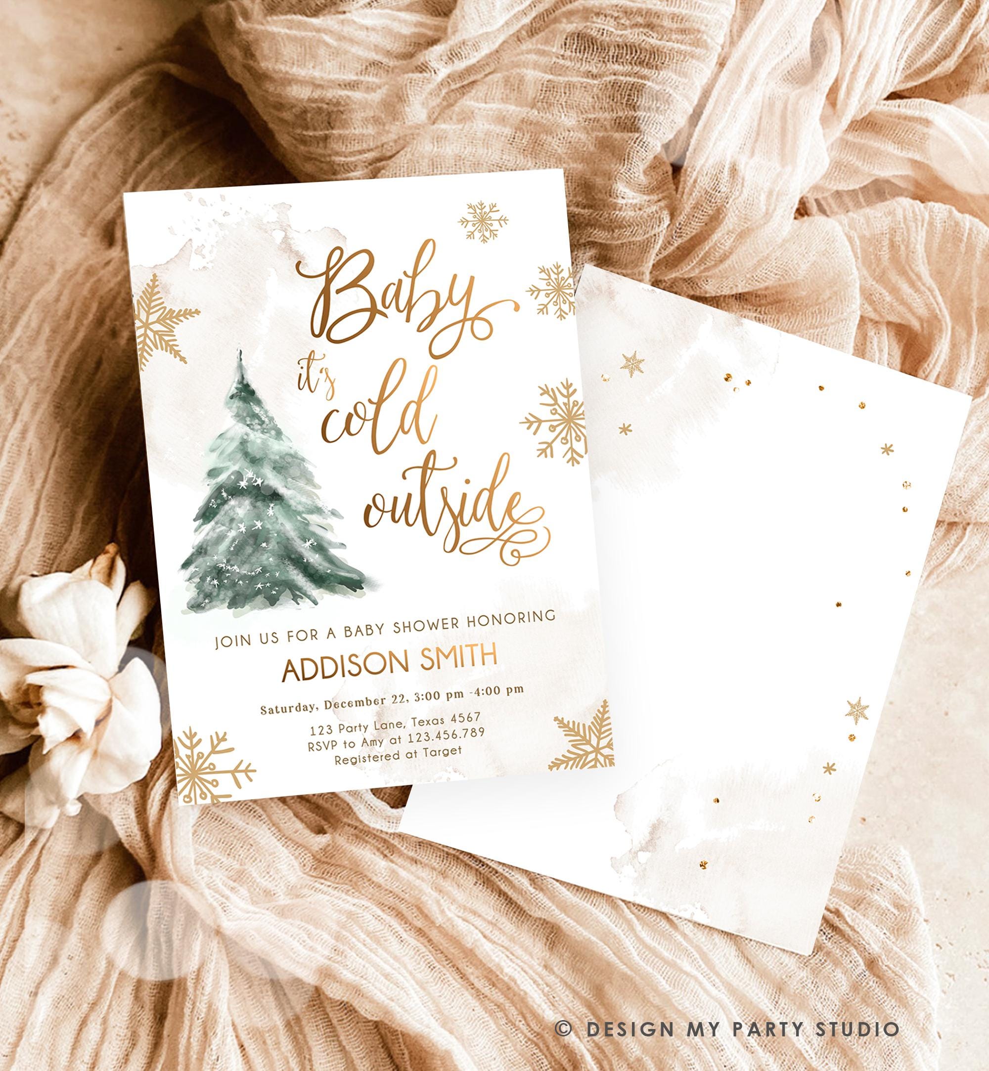 Editable Baby Its Cold Outside Baby Shower Invitation Winter Couples Gender Neutral Snow Watercolor Tree Digital Template Printable 0363