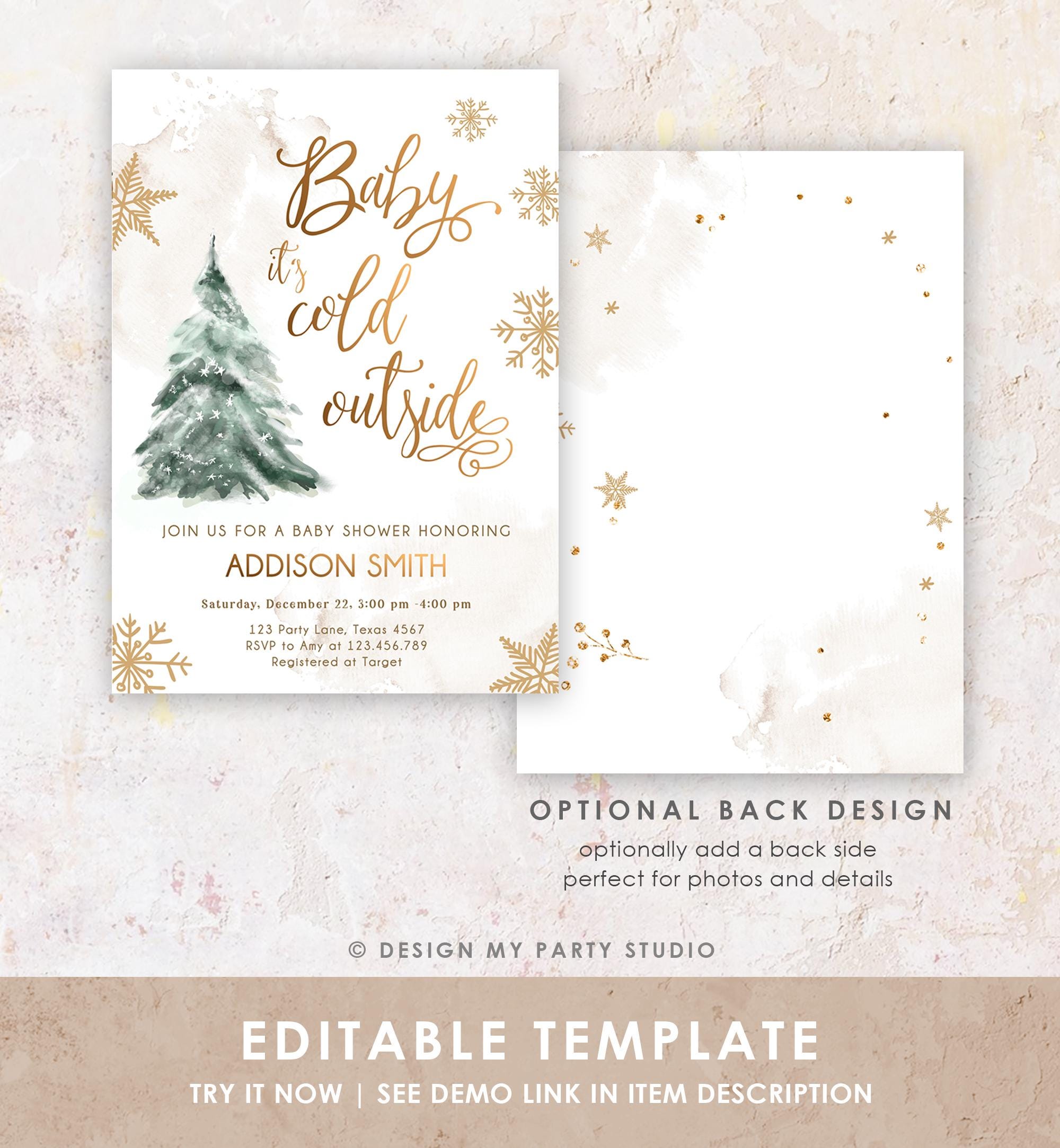 Editable Baby Its Cold Outside Baby Shower Invitation Winter Couples Gender Neutral Snow Watercolor Tree Digital Template Printable 0363