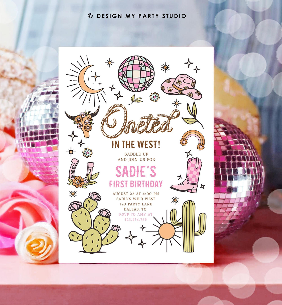 Editable One-ted In The West Cowgirl 1st Birthday Invitation Pink Disco Cowgirl Nashville Rodeo Space Digital Evite Template Printable 0519