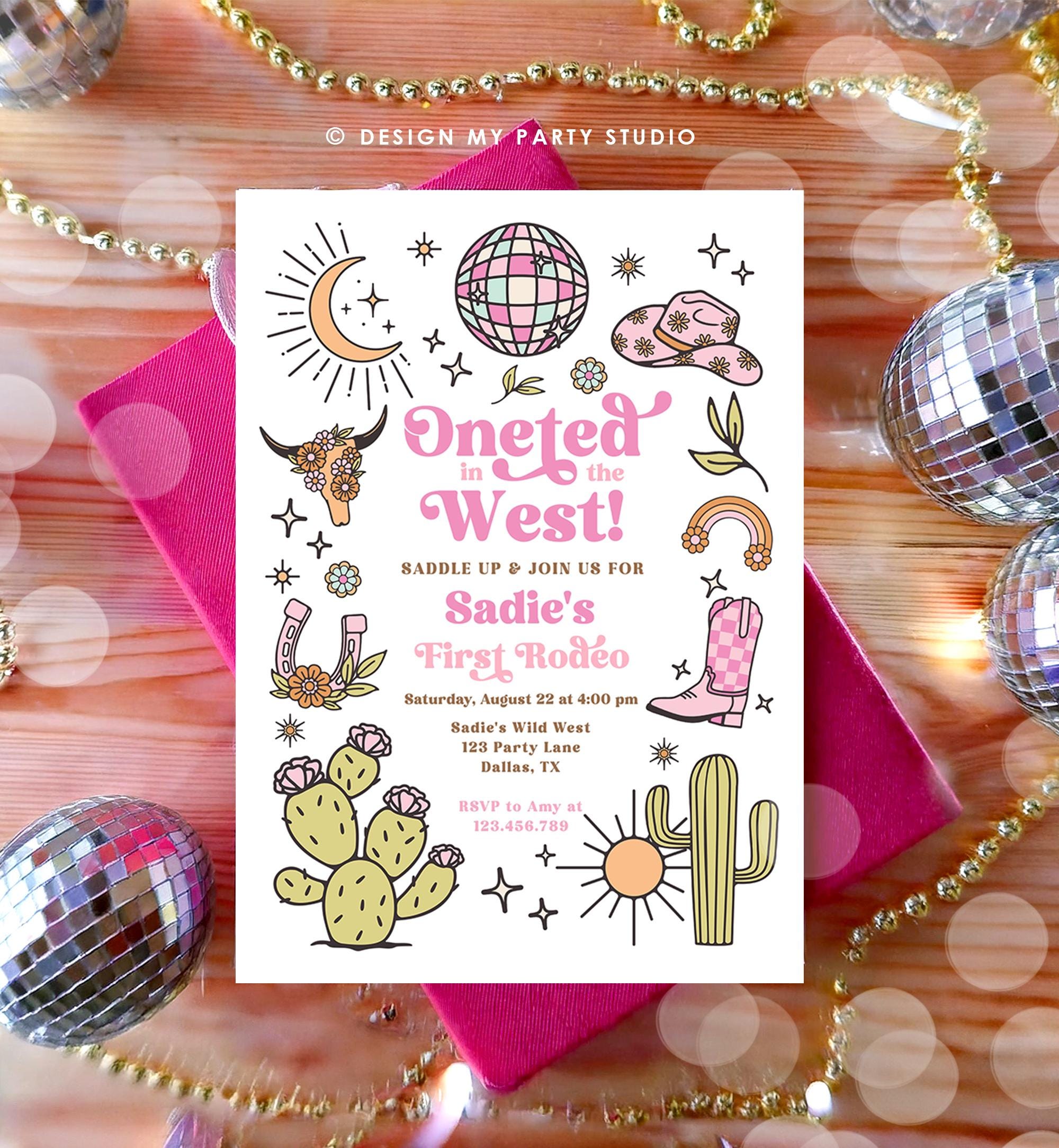 Editable One-ted In The West Cowgirl 1st Birthday Invitation Pink Disco Cowgirl Nashville Rodeo Space Digital Evite Template Printable 0519