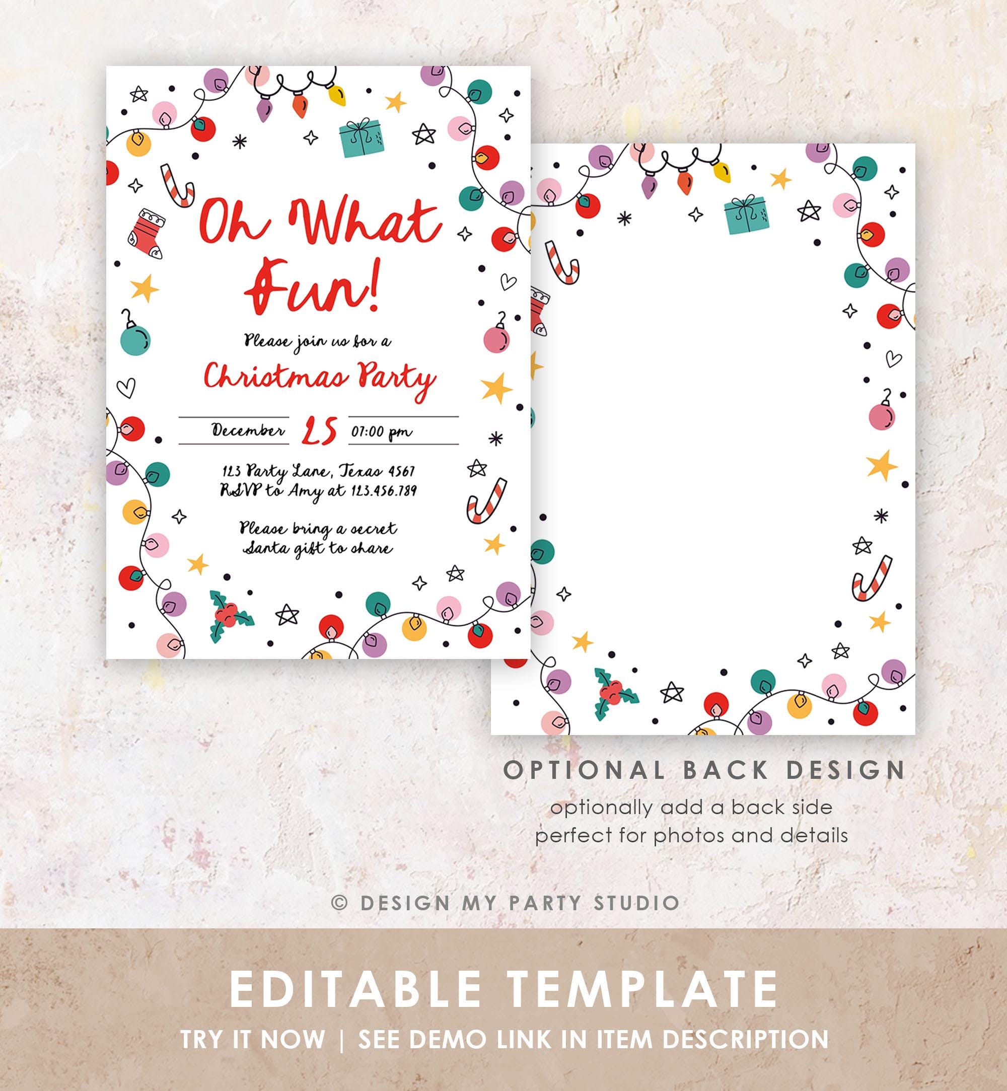 Editable Christmas Party Invitation Kids Hand Drawn Doodle Oh What Fun Invite Christmas Birthday Evite Template Download Printable 0521