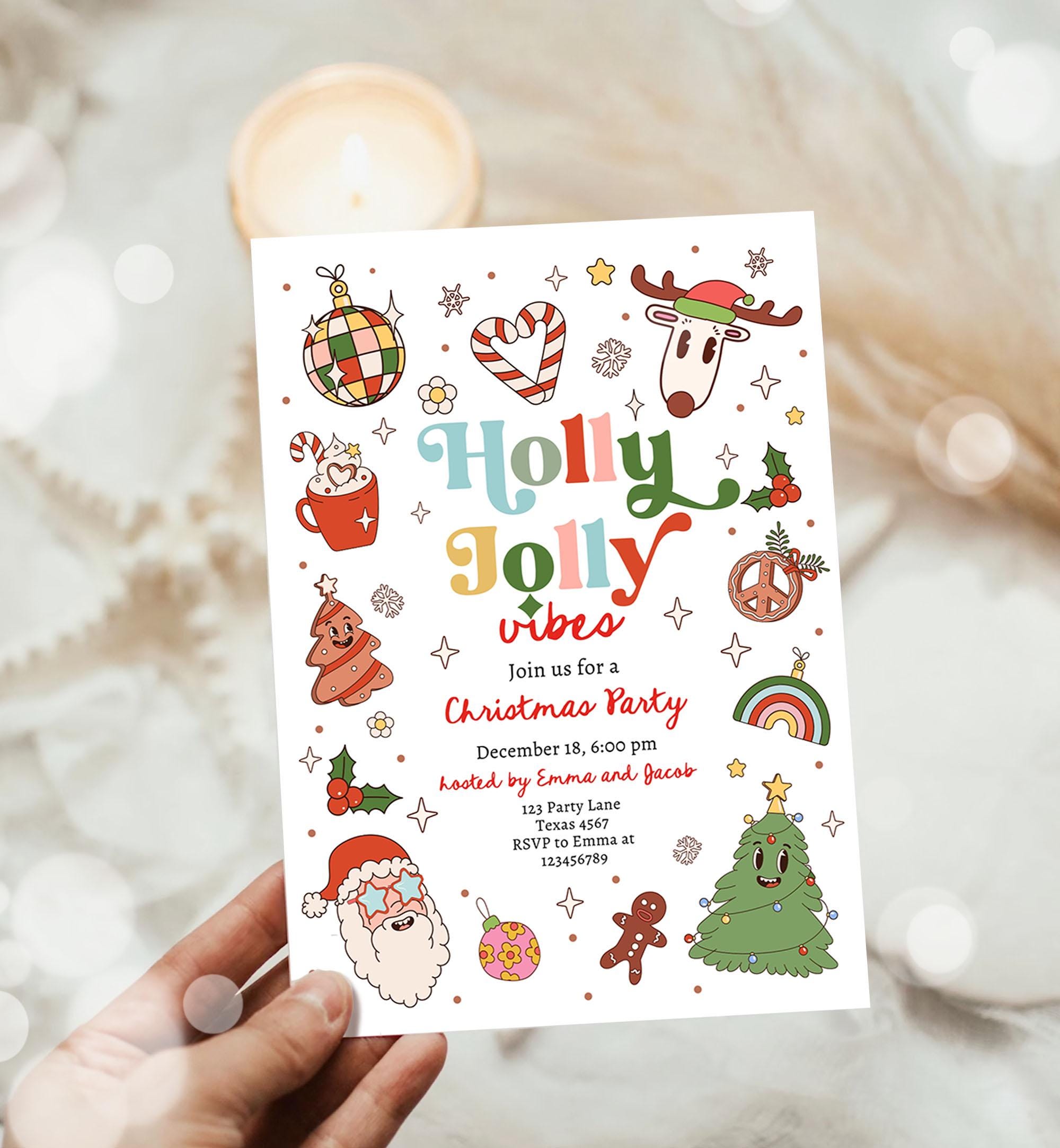 Editable Groovy Christmas Party Invitation Holiday Party Holly Jolly Retro Christmas Santa Party Evite Template Download Printable 0522