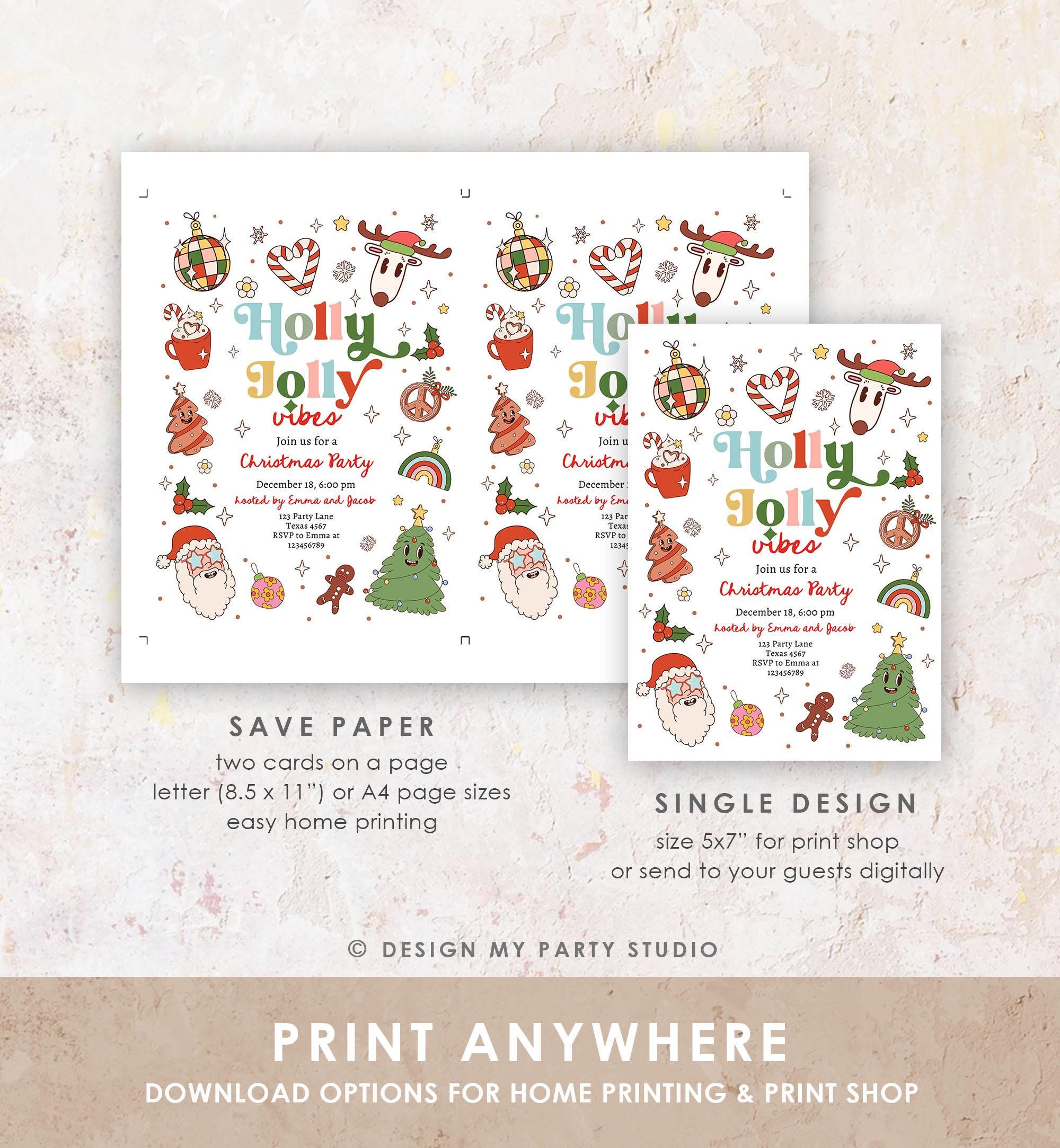 Editable Groovy Christmas Party Invitation Holiday Party Holly Jolly Retro Christmas Santa Party Evite Template Download Printable 0522