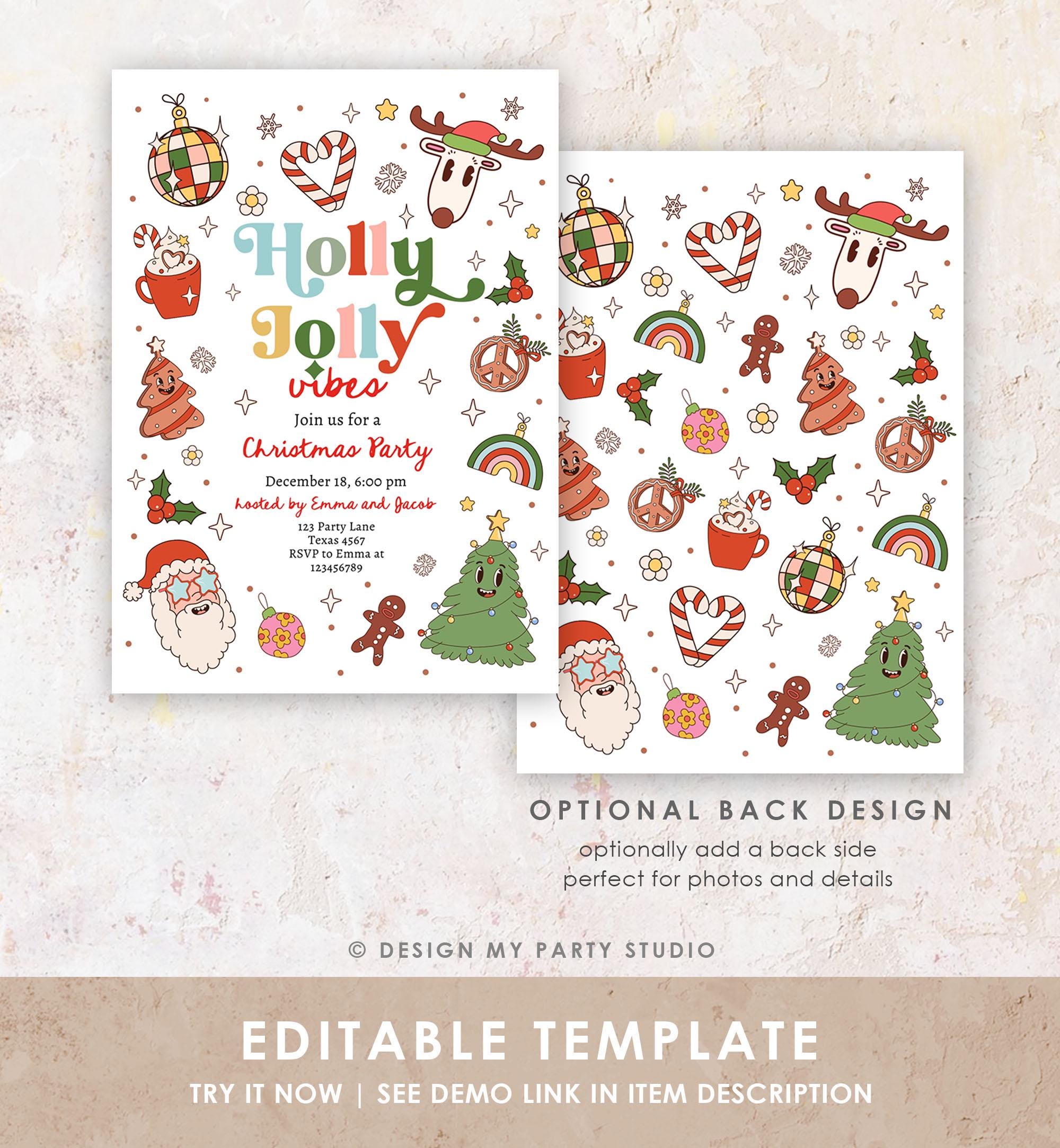 Editable Groovy Christmas Party Invitation Holiday Party Holly Jolly Retro Christmas Santa Party Evite Template Download Printable 0522