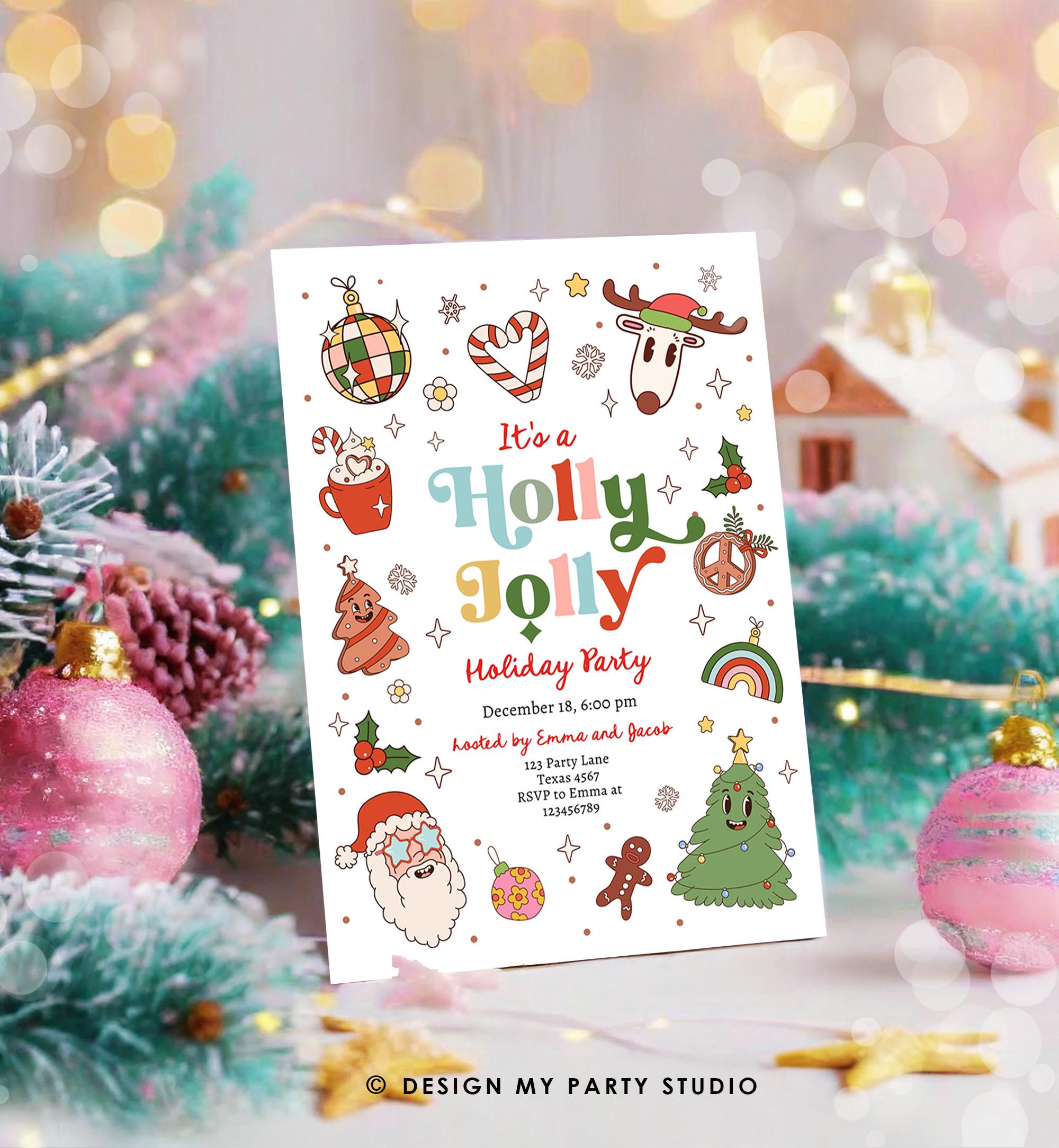 Editable Holly Jolly Christmas Party Invitation Holiday Party Retro Groovy Christmas Santa Party Evite Template Download Printable 0522