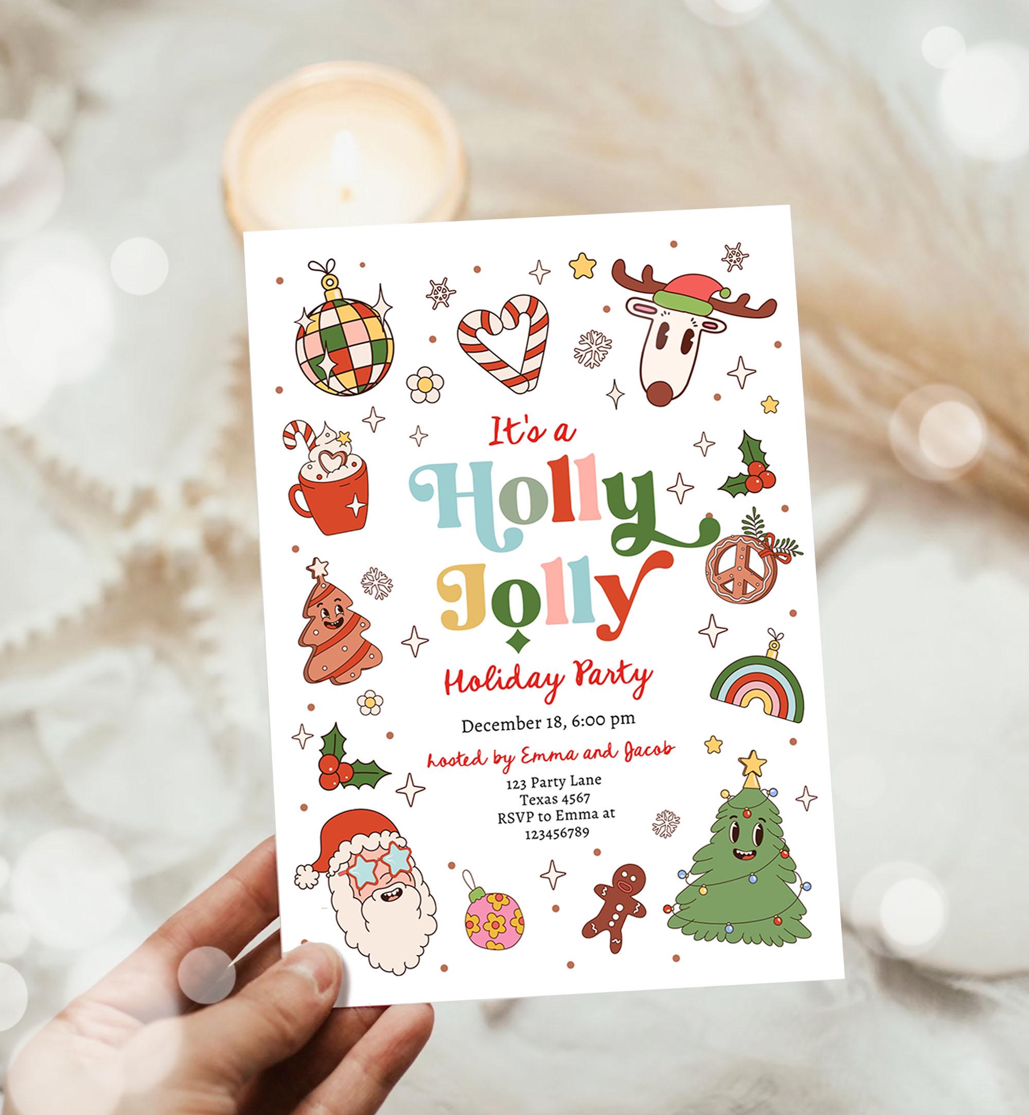 Editable Holly Jolly Christmas Party Invitation Holiday Party Retro Groovy Christmas Santa Party Evite Template Download Printable 0522