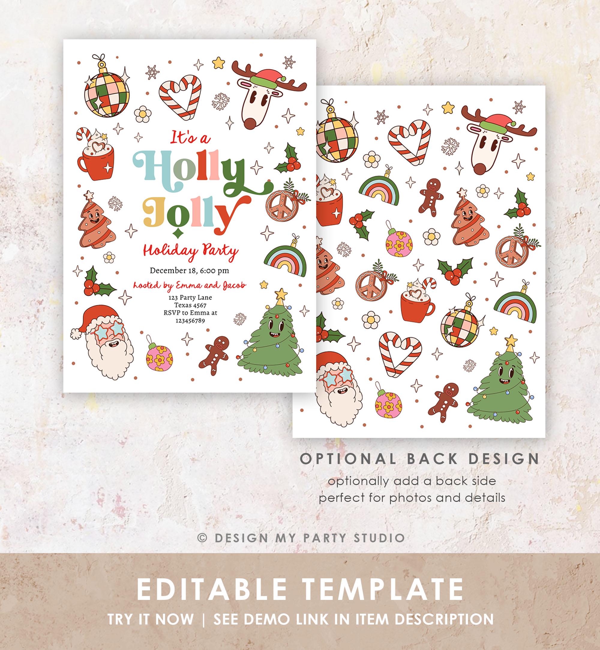 Editable Holly Jolly Christmas Party Invitation Holiday Party Retro Groovy Christmas Santa Party Evite Template Download Printable 0522