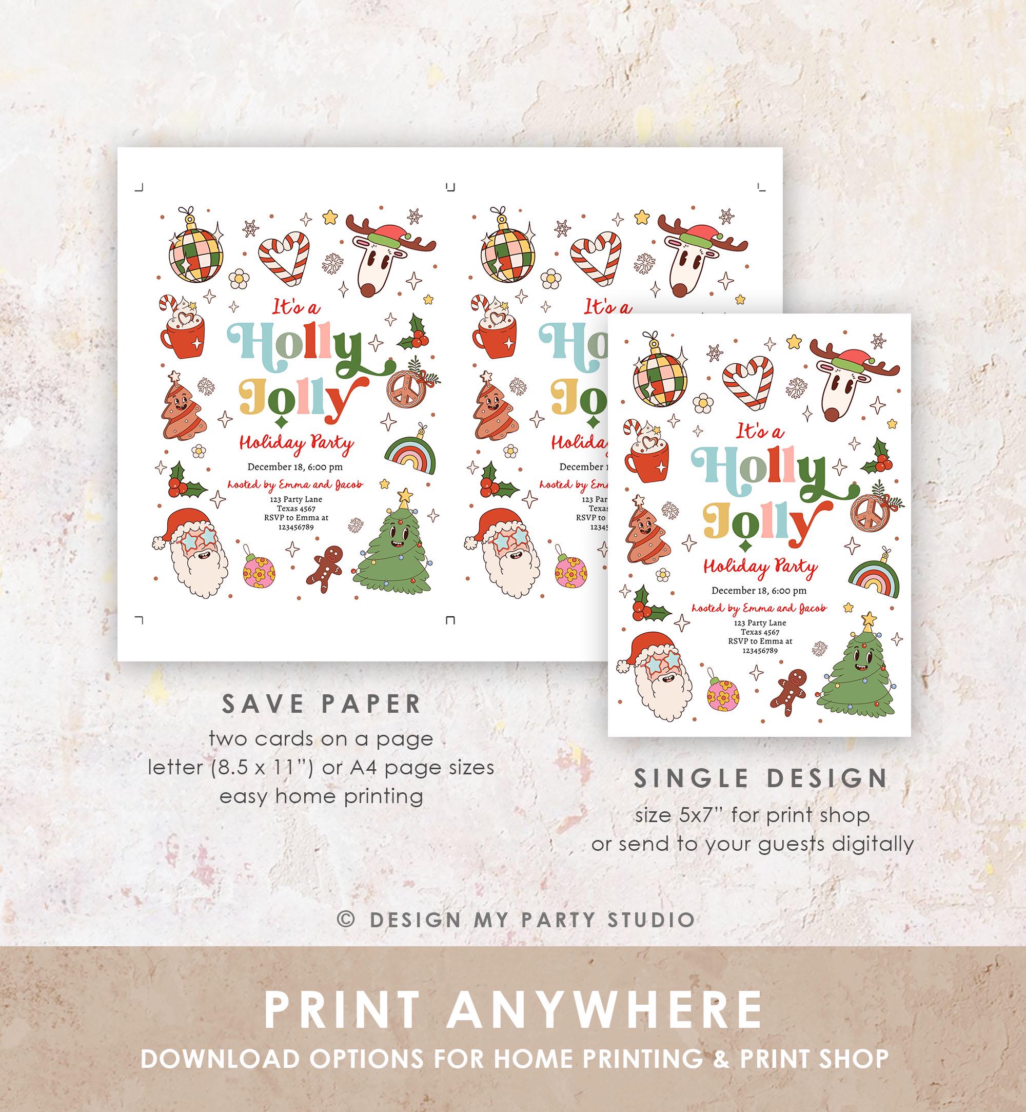 Editable Holly Jolly Christmas Party Invitation Holiday Party Retro Groovy Christmas Santa Party Evite Template Download Printable 0522