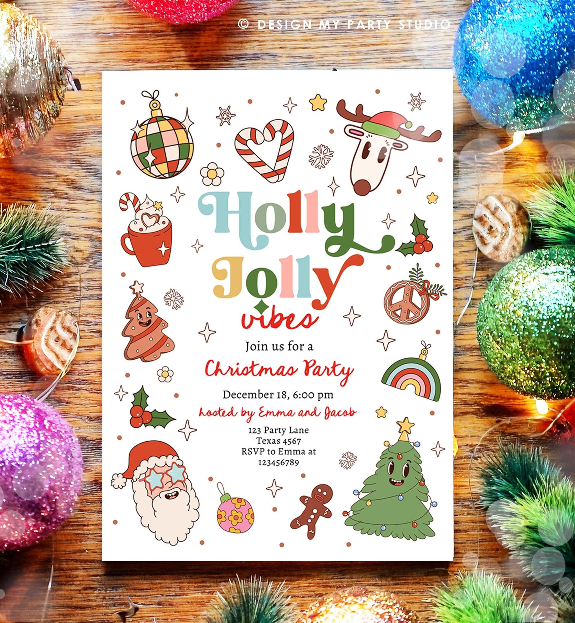 Editable Groovy Christmas Party Invitation Holiday Party Holly Jolly Retro Christmas Santa Party Evite Template Download Printable 0522