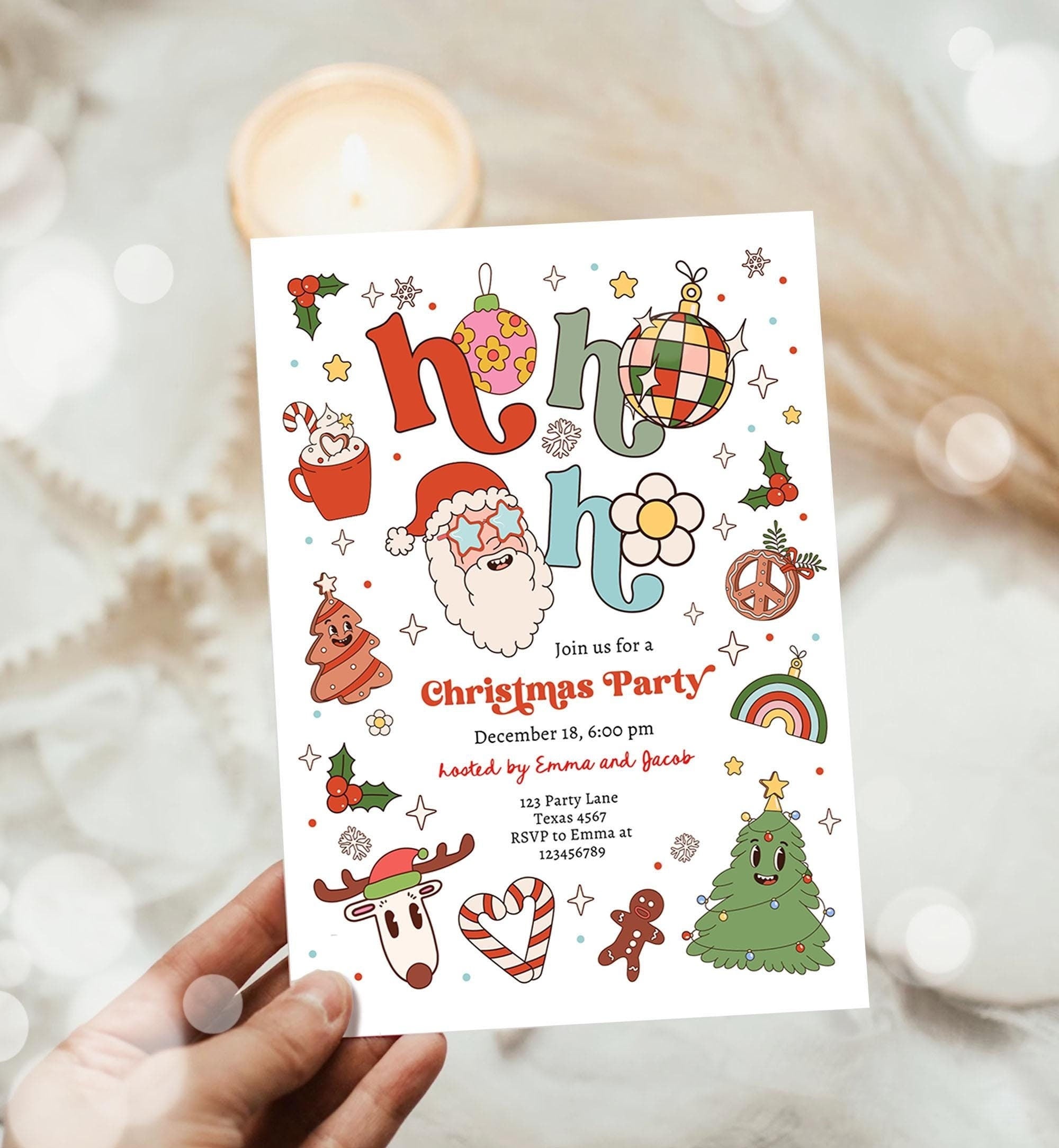 Editable Groovy Christmas Party Invitation Holiday Party Santa Party Office School Retro Christmas Evite Template Download Printable 0522