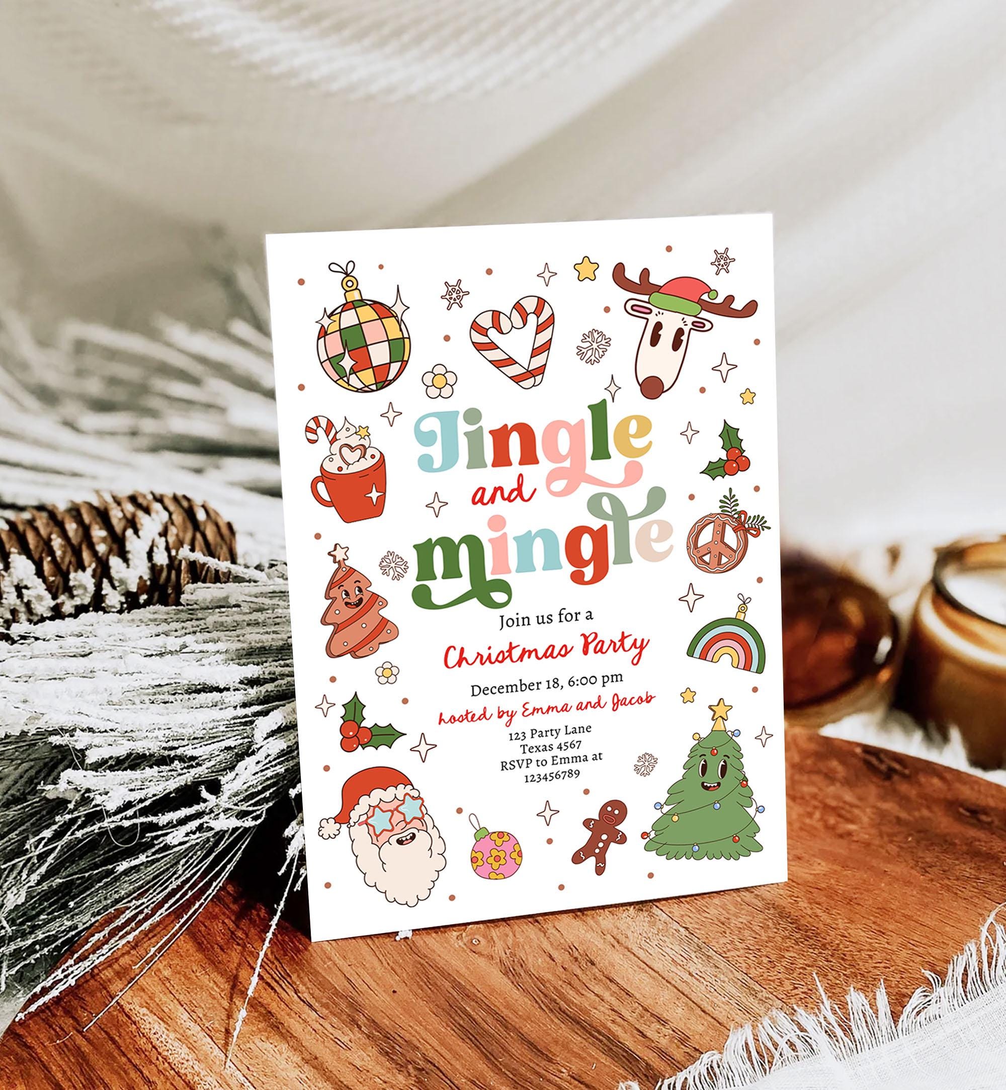 Editable Groovy Jingle and Mingle Christmas Party Invitation Holiday Party Santa Party Office School Retro Christmas Download Printable 0522