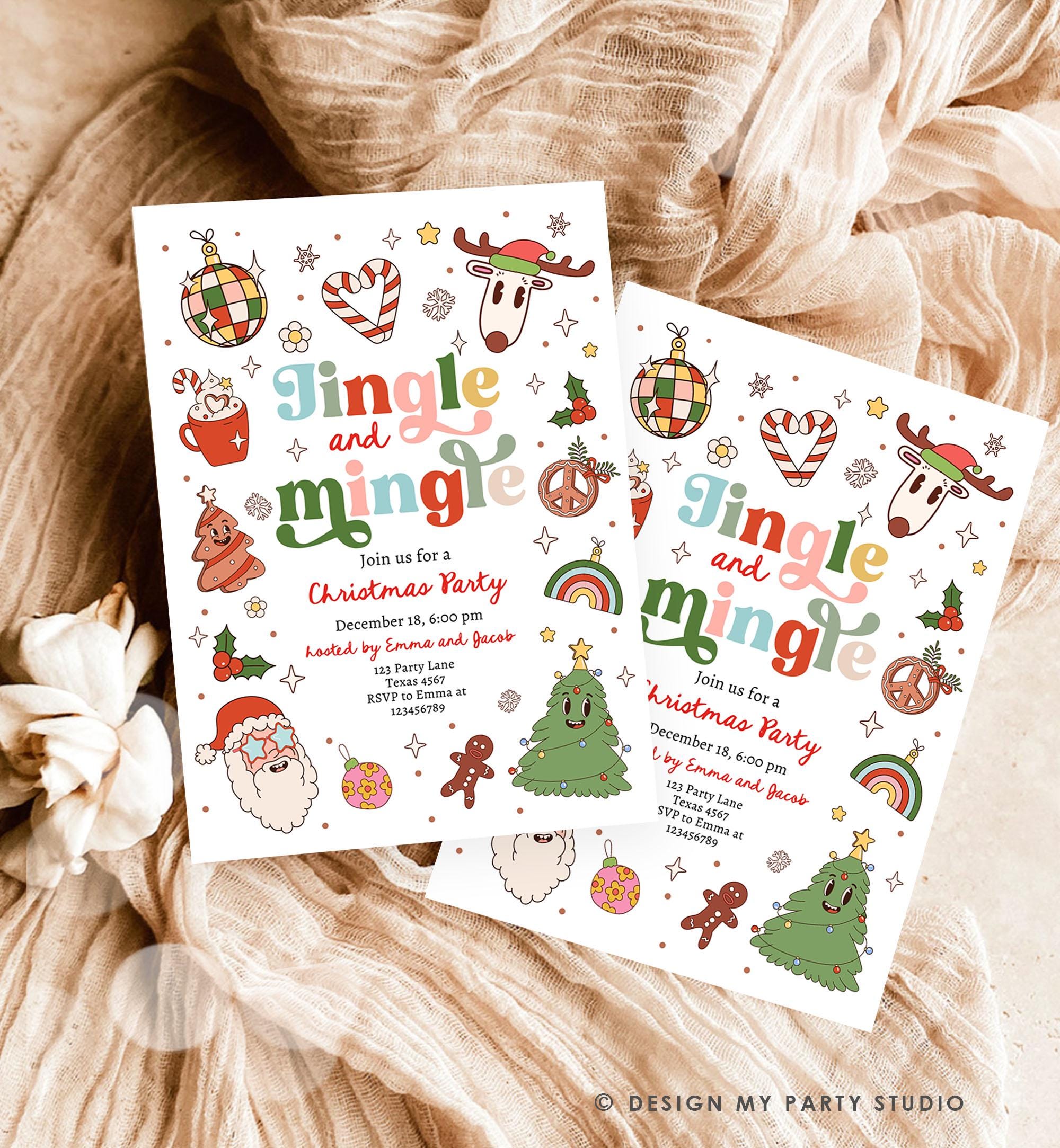 Editable Groovy Jingle and Mingle Christmas Party Invitation Holiday Party Santa Party Office School Retro Christmas Download Printable 0522