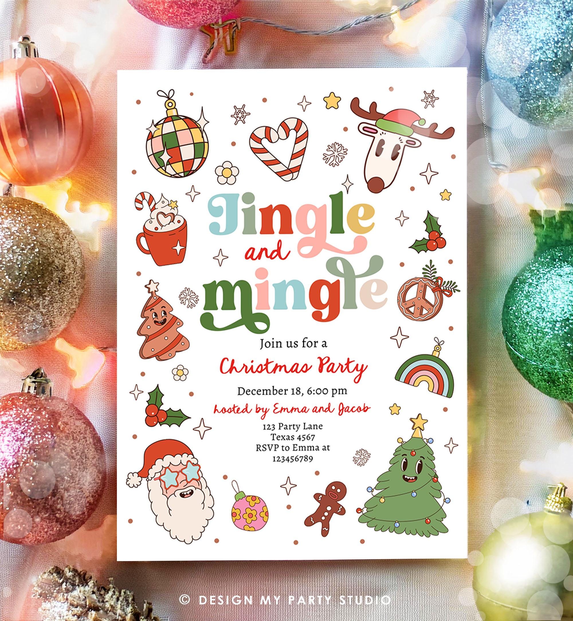 Editable Groovy Jingle and Mingle Christmas Party Invitation Holiday Party Santa Party Office School Retro Christmas Download Printable 0522