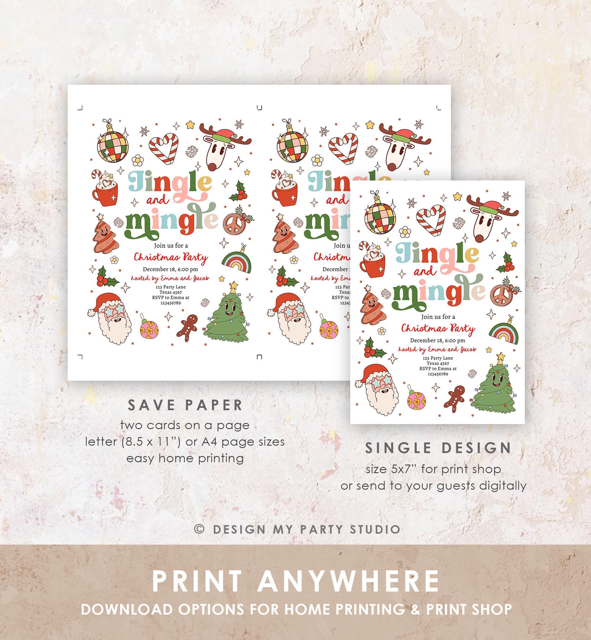 Editable Groovy Jingle and Mingle Christmas Party Invitation Holiday Party Santa Party Office School Retro Christmas Download Printable 0522