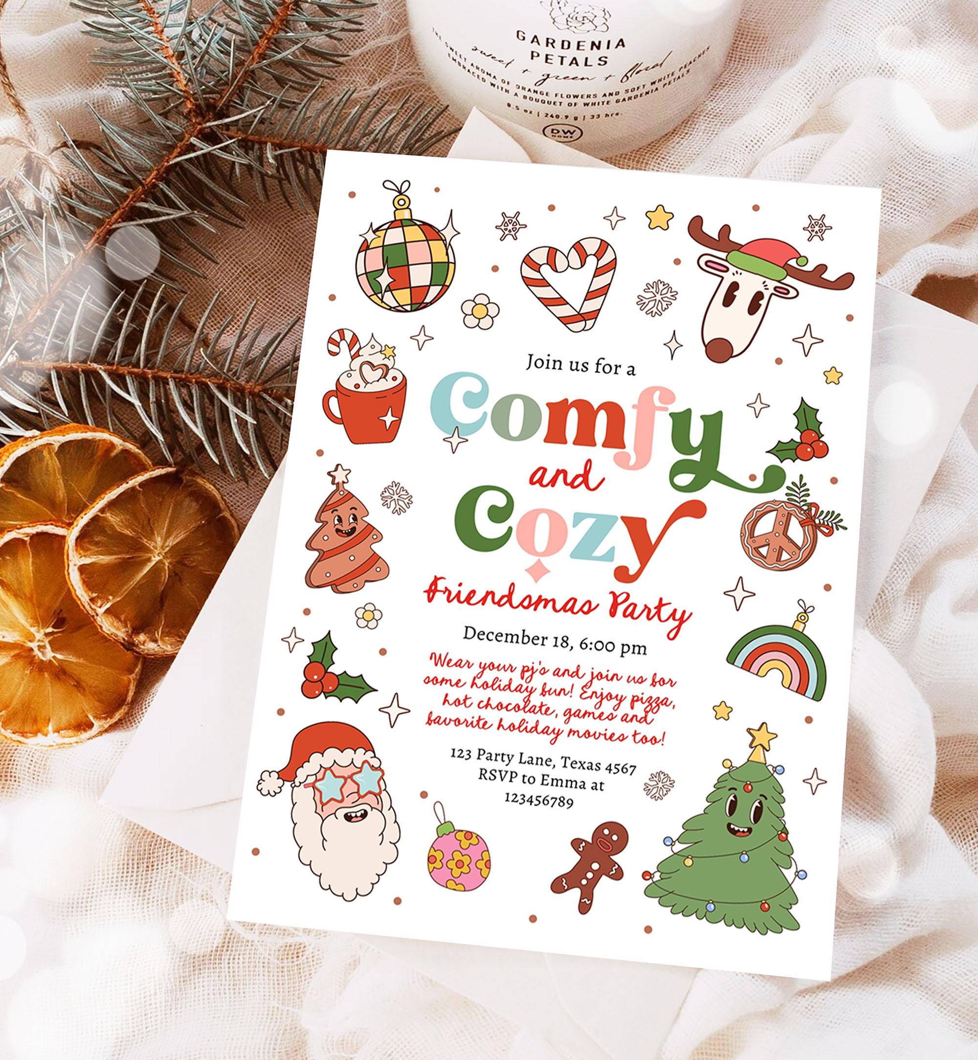 Editable Comfy and Cozy Christmas Party Invitation Groovy Retro Friendsmas Invite Holiday Party Santa Party Digital Download Printable 0522