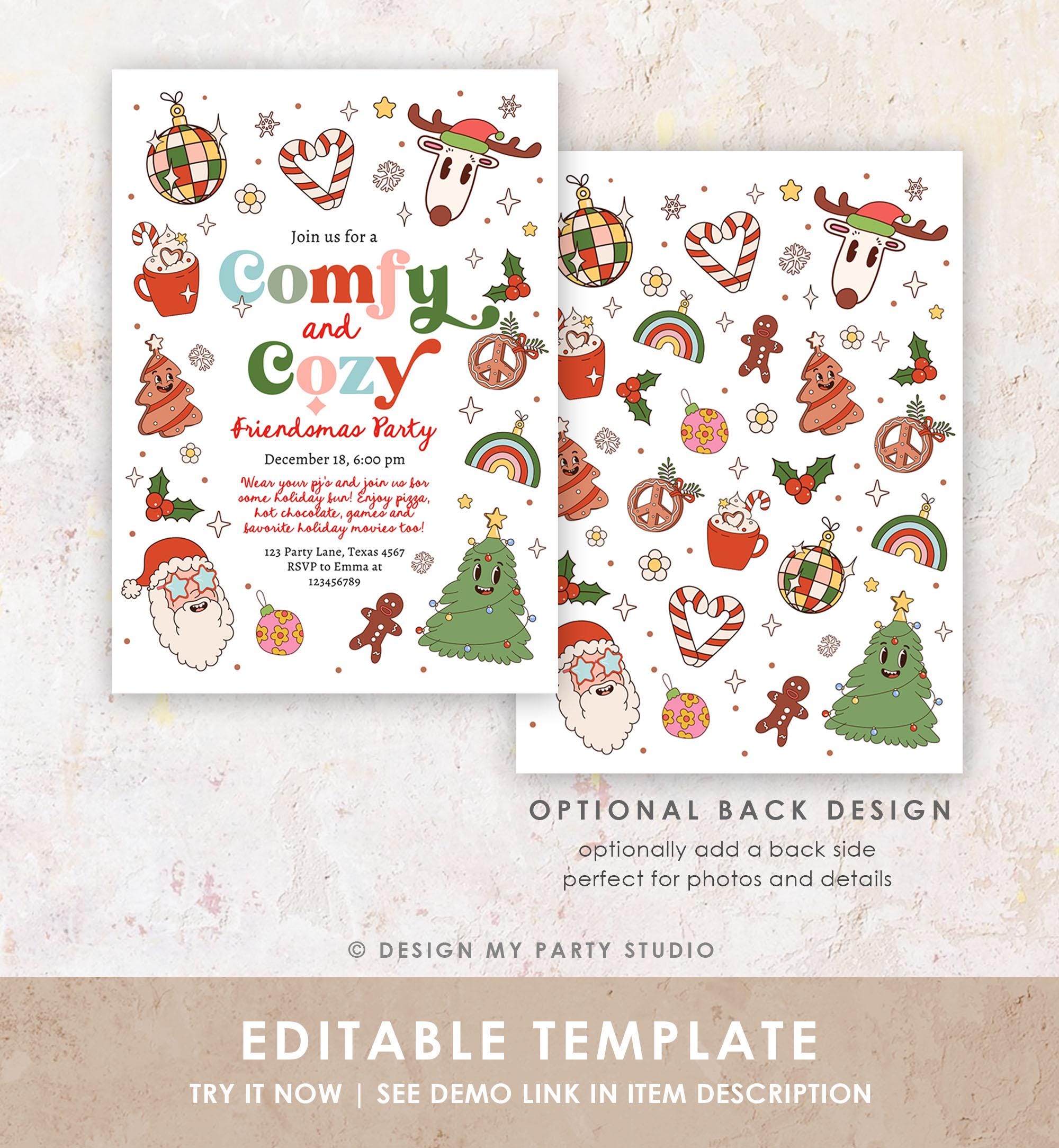 Editable Comfy and Cozy Christmas Party Invitation Groovy Retro Friendsmas Invite Holiday Party Santa Party Digital Download Printable 0522