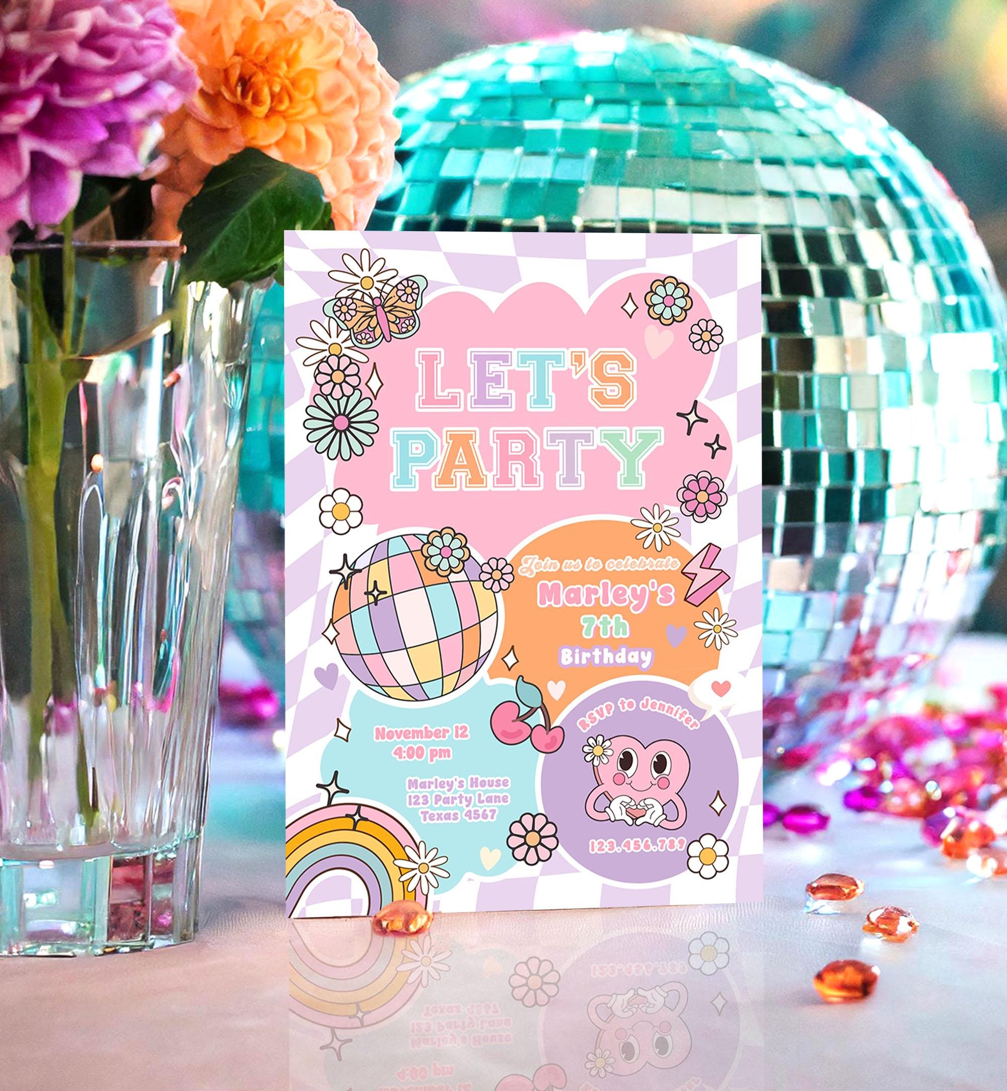 Editable Preppy Birthday Party Invitation Let's Party Birthday Varsity Fashion Tween Disco Teen Party Download Template Evite Digital 0524