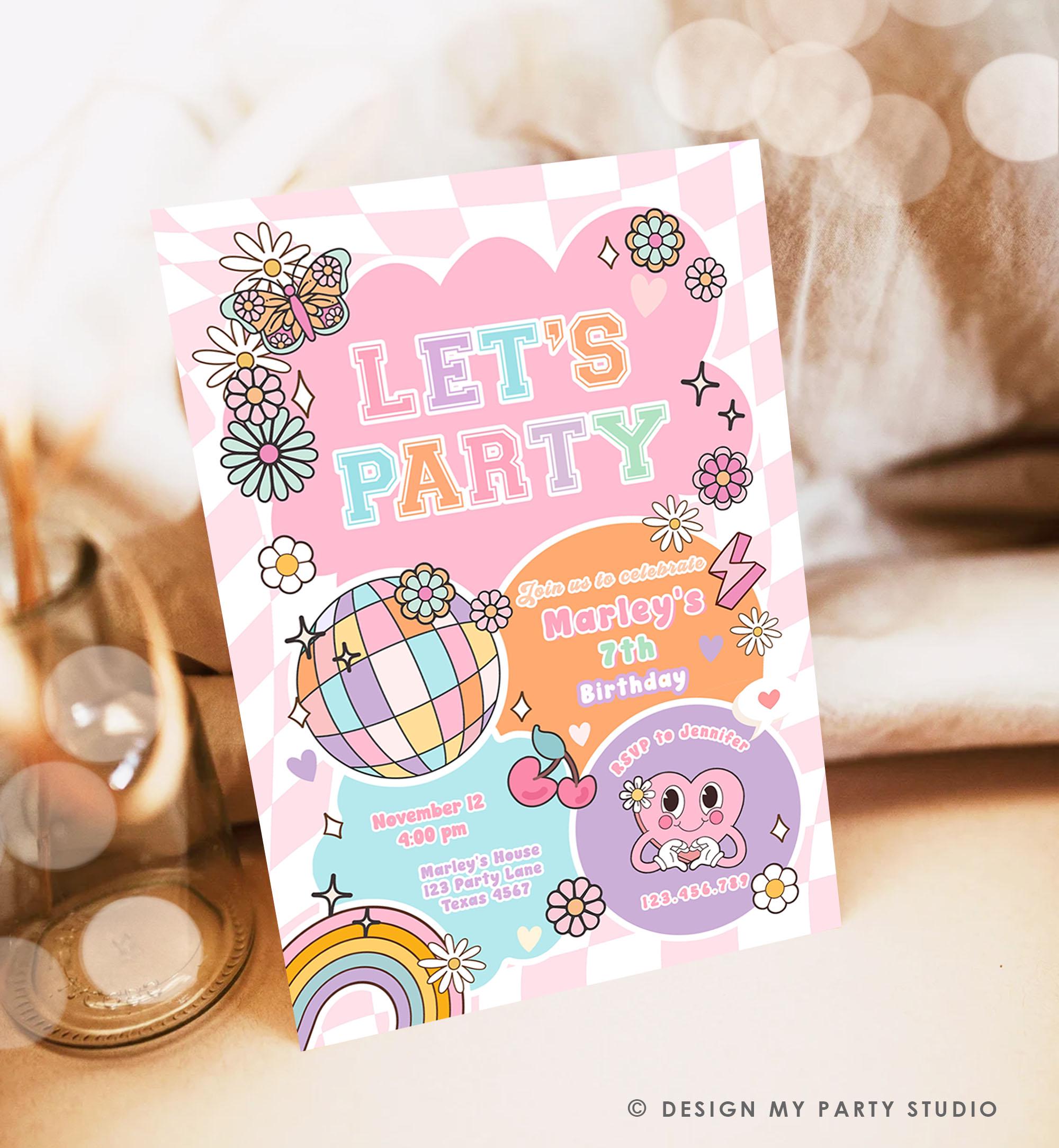 Editable Preppy Birthday Party Invitation Let's Party Birthday Varsity Fashion Tween Disco Teen Party Download Template Evite Digital 0524