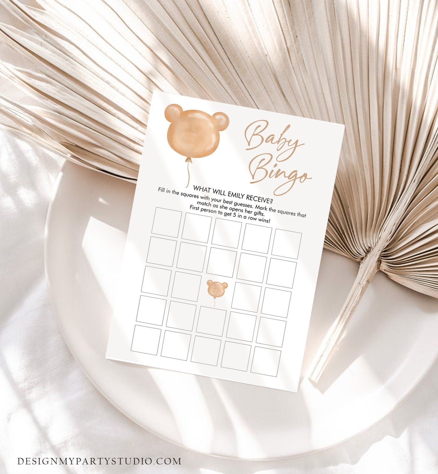 Editable Baby Bingo Game Baby Shower Game Modern Bear Cute Teddy Bear Baby Shower Boho Bearly Wait Activity Corjl Template Printable 0439