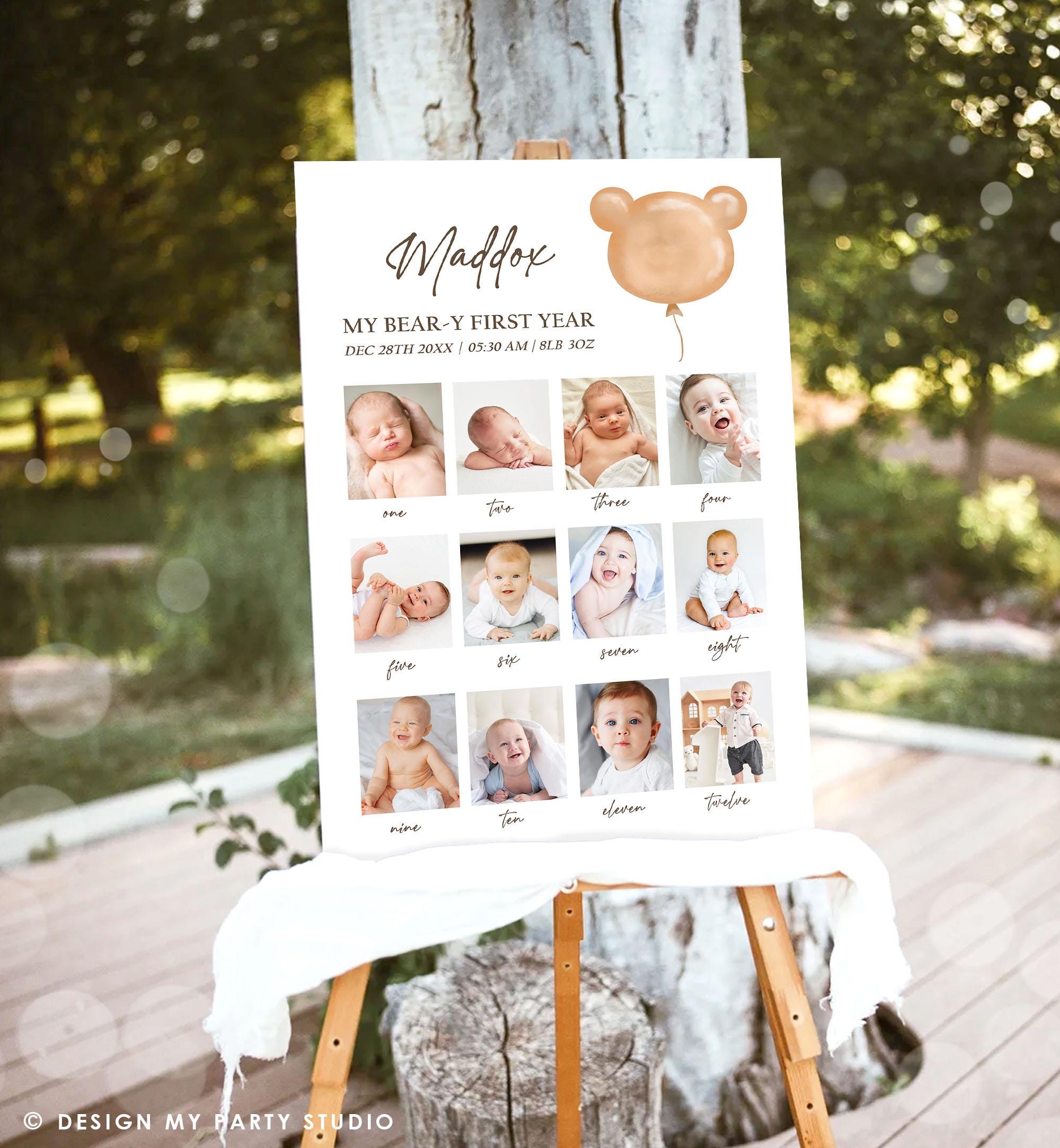 Editable Bear First Birthday Photo Board Banner Monthly Photo Sign Modern Bear 1st Birthday Poster Teddy Bear Template Printable 0439