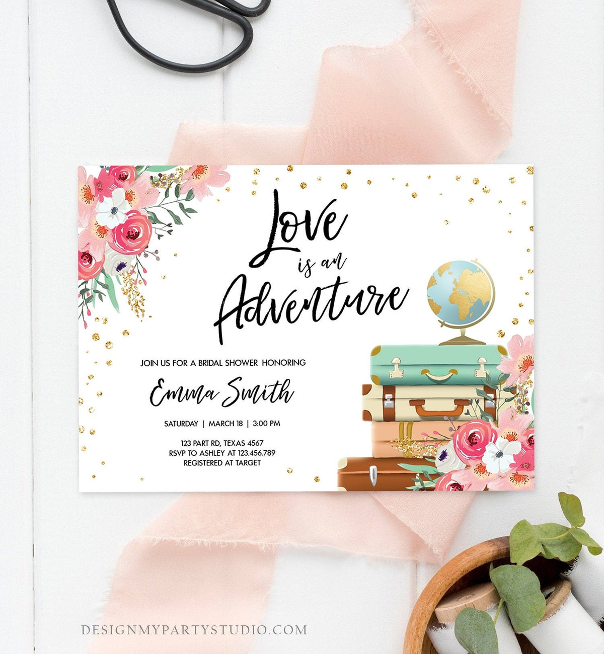 Editable Love is an Adventure Bridal Shower Invitation Travel Gold Confetti Pink Floral Suitcases Download Corjl Template PRINTABLE 0030