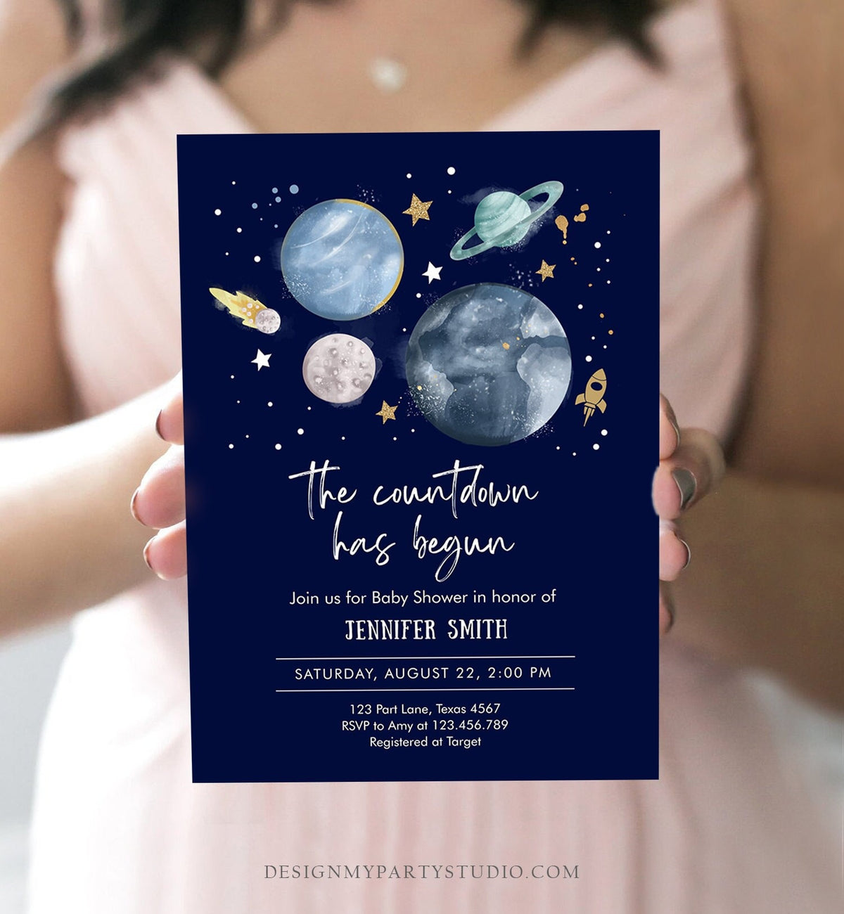 Editable Space Baby Shower Invitation Galaxy Outer Space It&#39;s a Boy Blue Planets Moon Countdown Invite Template Instant Download Corjl 0357