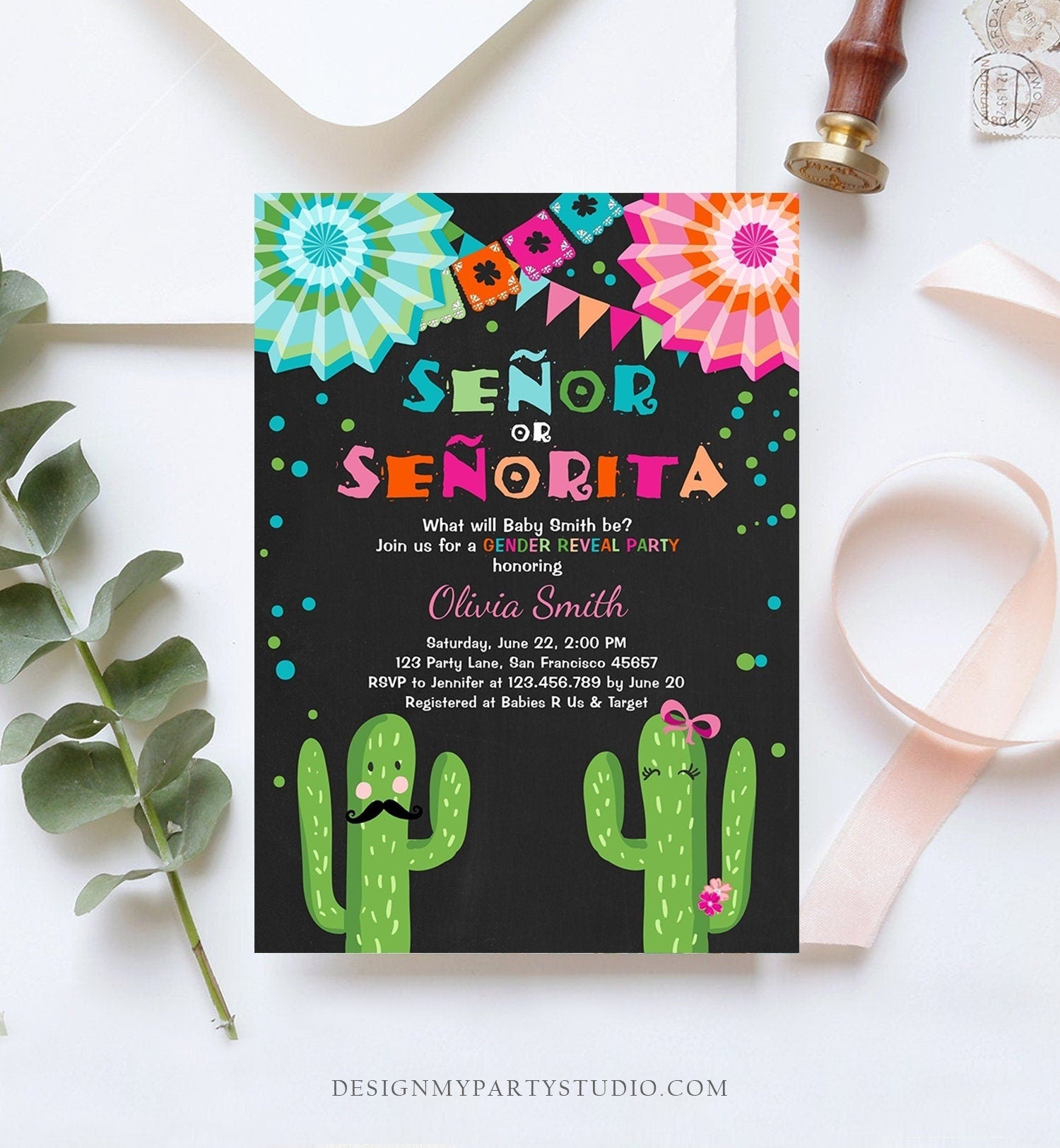 Editable Señor Or Señorita Gender Reveal Invitation Fiesta Boy or Girl Cactus Mexican Senor Senorita Blue Pink Confetti Corjl Template 0045