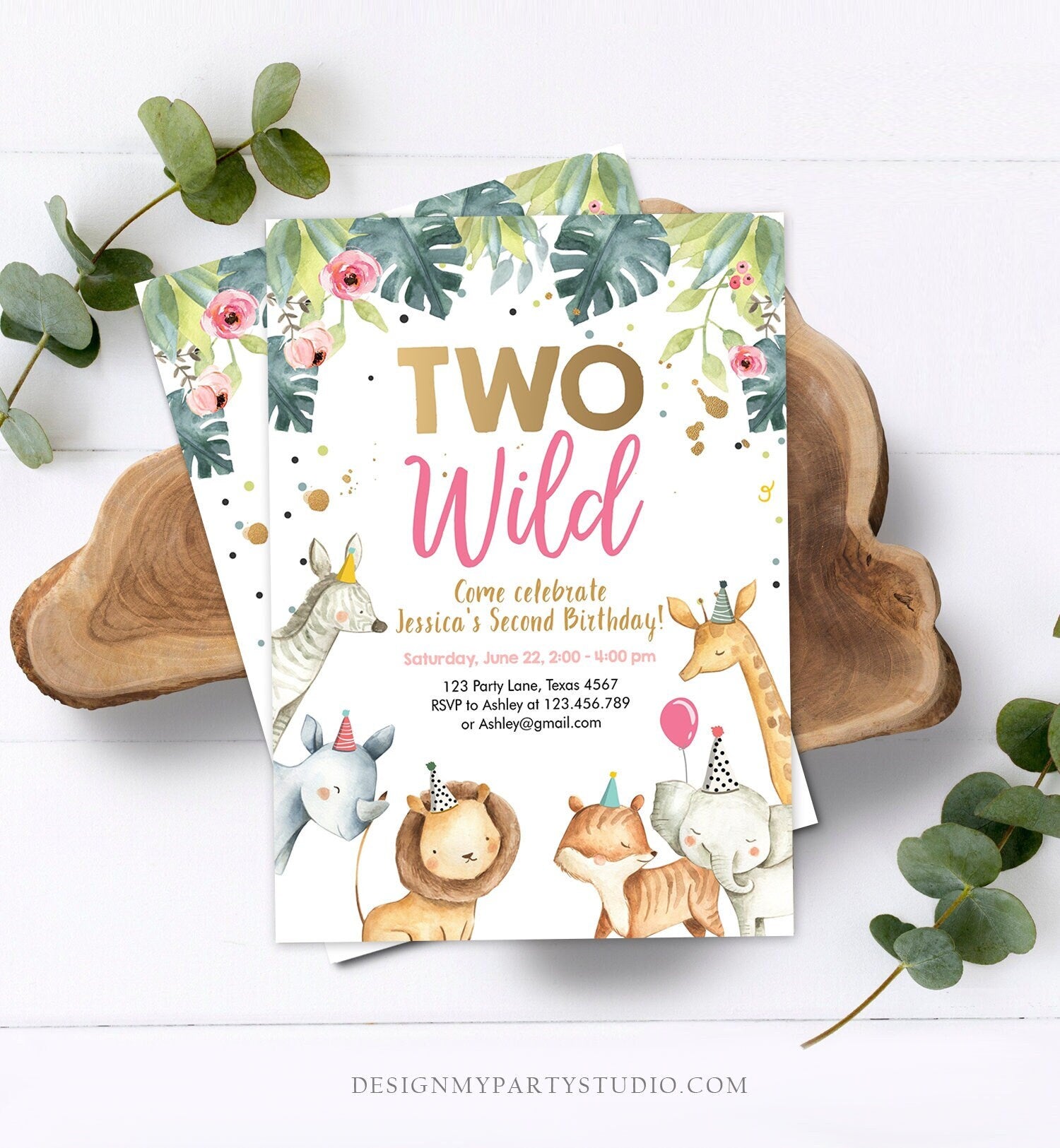 Editable Two Wild Birthday Invitation Safari Animals Girl Second 2nd Birthday Party Animals Digital Download Corjl Template Printable 0163