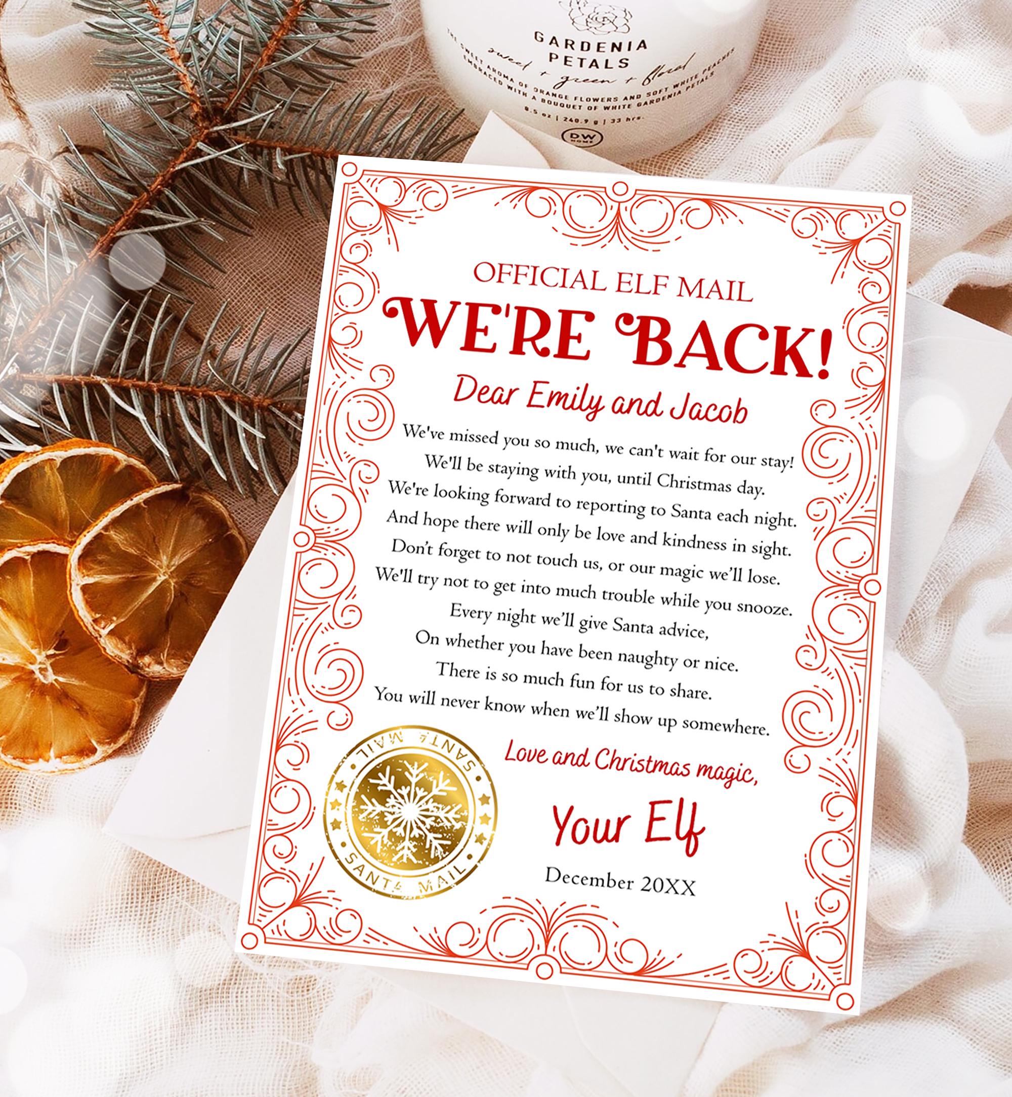 Editable We're Back Elf Arrival Letter Return Letter Christmas Elf Elf Welcome Hello from Elves Boy Girl Digital Template Printable 0523