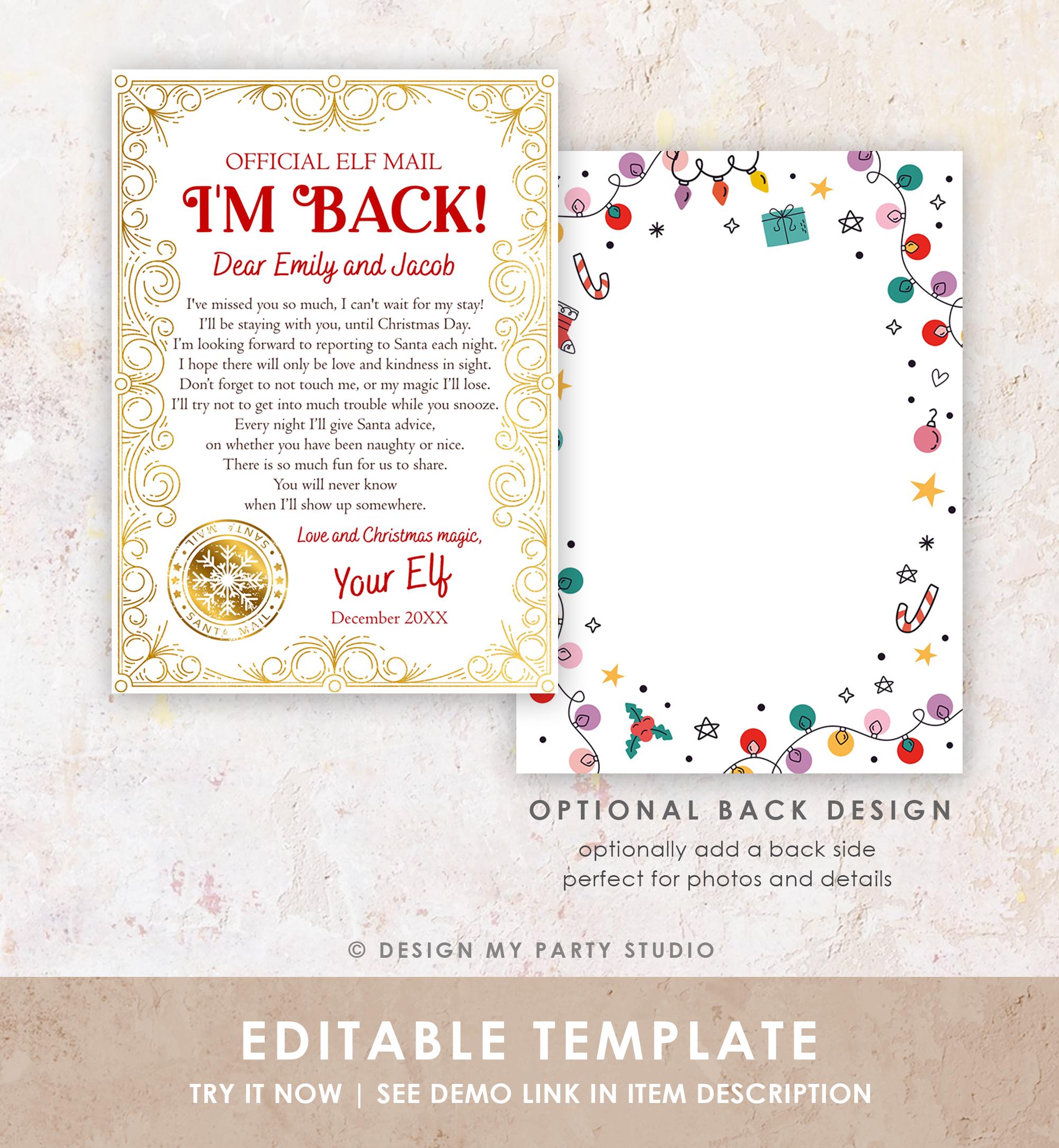 Editable Elf Arrival Letter Return Letter Christmas Elf I'm Back Elf Welcome Xmas Elf Letter From Your Elf Official Printable Template 0523