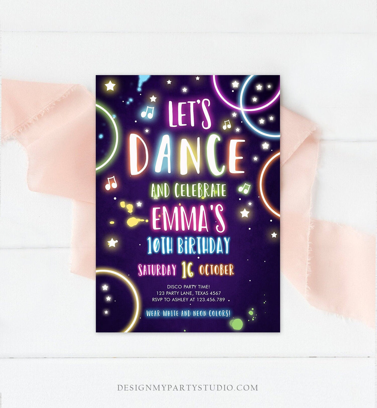 Editable Dance Party Birthday Invitation Disco Music Let&#39;s Dance Neon Glow In The Dark Party Girl Teen Pink Template Corjl Printable 0172