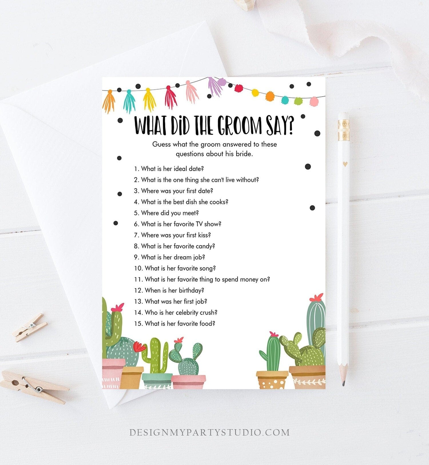 Editable What Did The Groom Say About His Bride Bridal Shower Game Cactus Fiesta Mexican Coed Shower Wedding Activity Corjl Template 0254